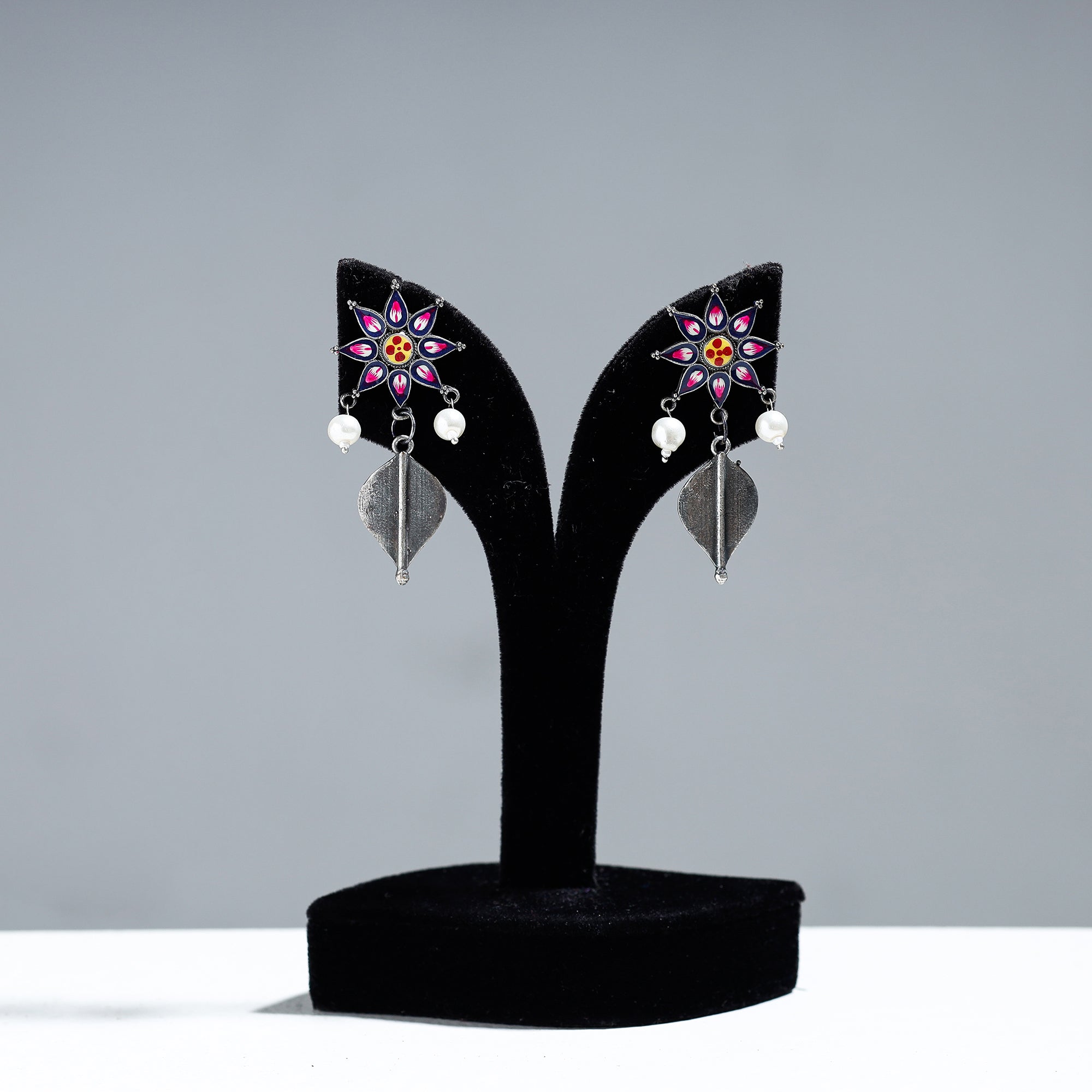 WHITE RIVER STORIES Antique Silver Finish Oxidised Brass Base Enamel Work Earrings