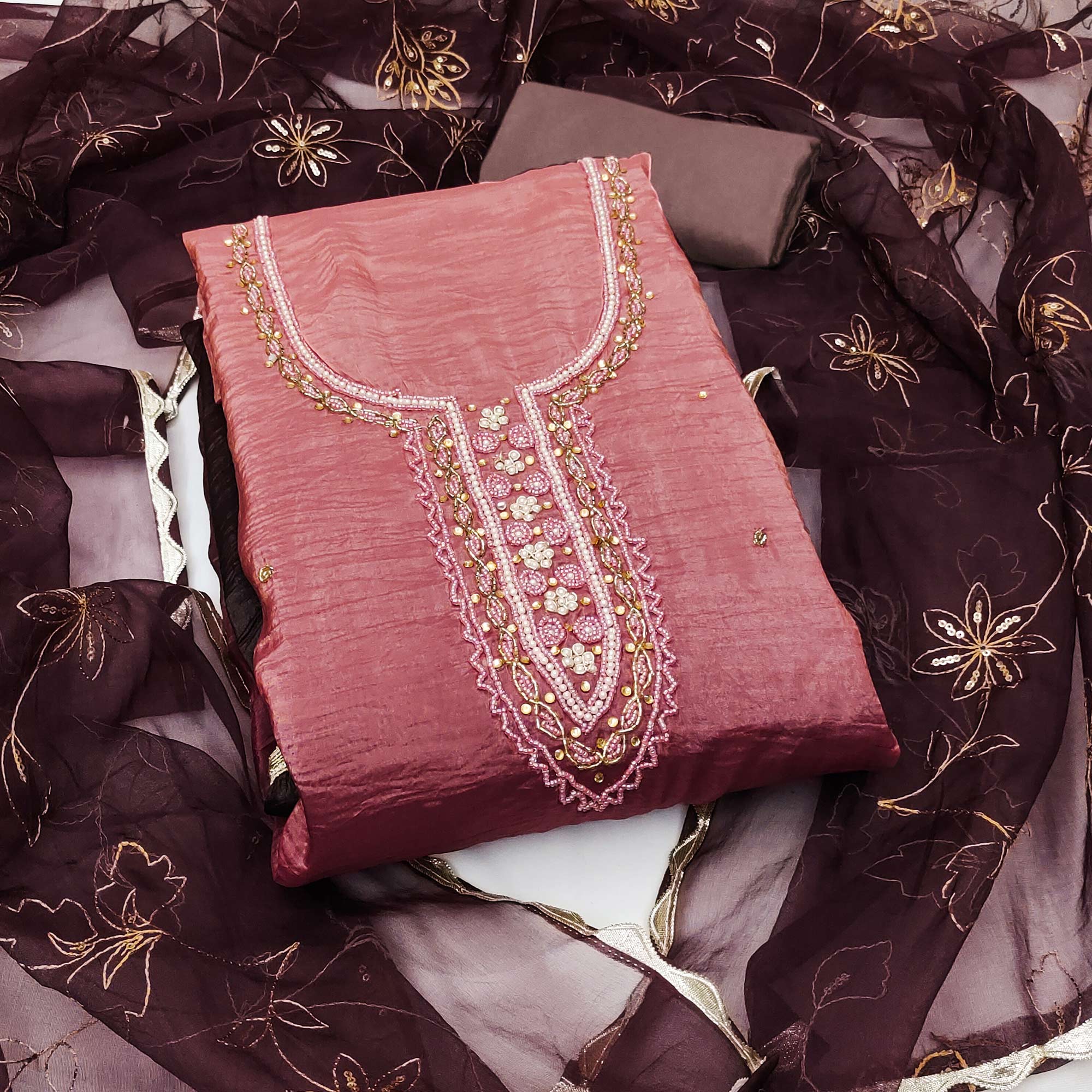 Peachmode Dusty Rose Pink Floral Handwork Viscose Dress Material