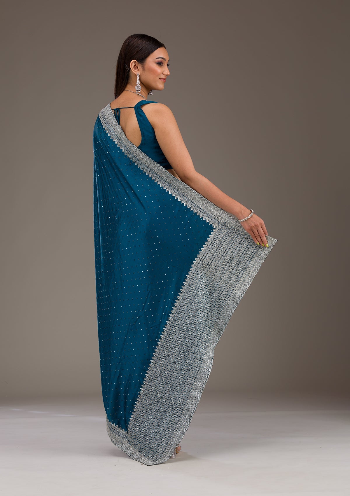 Koskii Peacock Blue Stonework Satin Saree – Women's - view 2