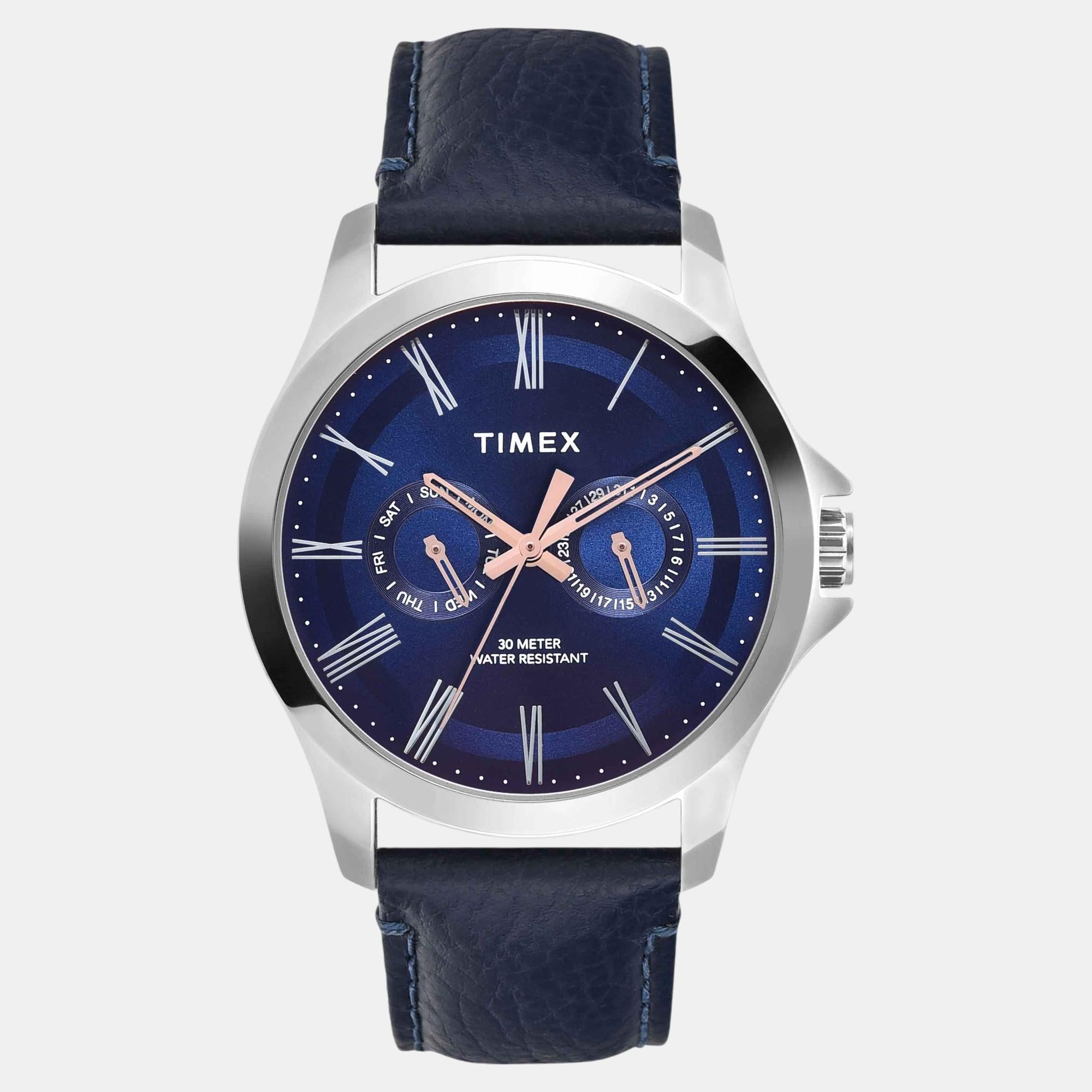 Timex Fashion Men Quartz Blue Dial Analog Leather Watch TW000X132