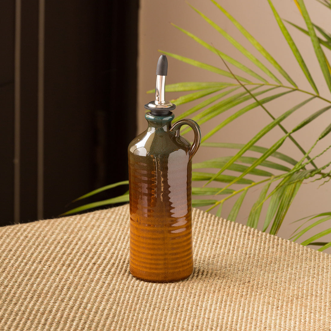 EXCLUSIVELANE 'Amber & Teal' Studio Pottery Oil Bottle In Ceramic (250 ml)