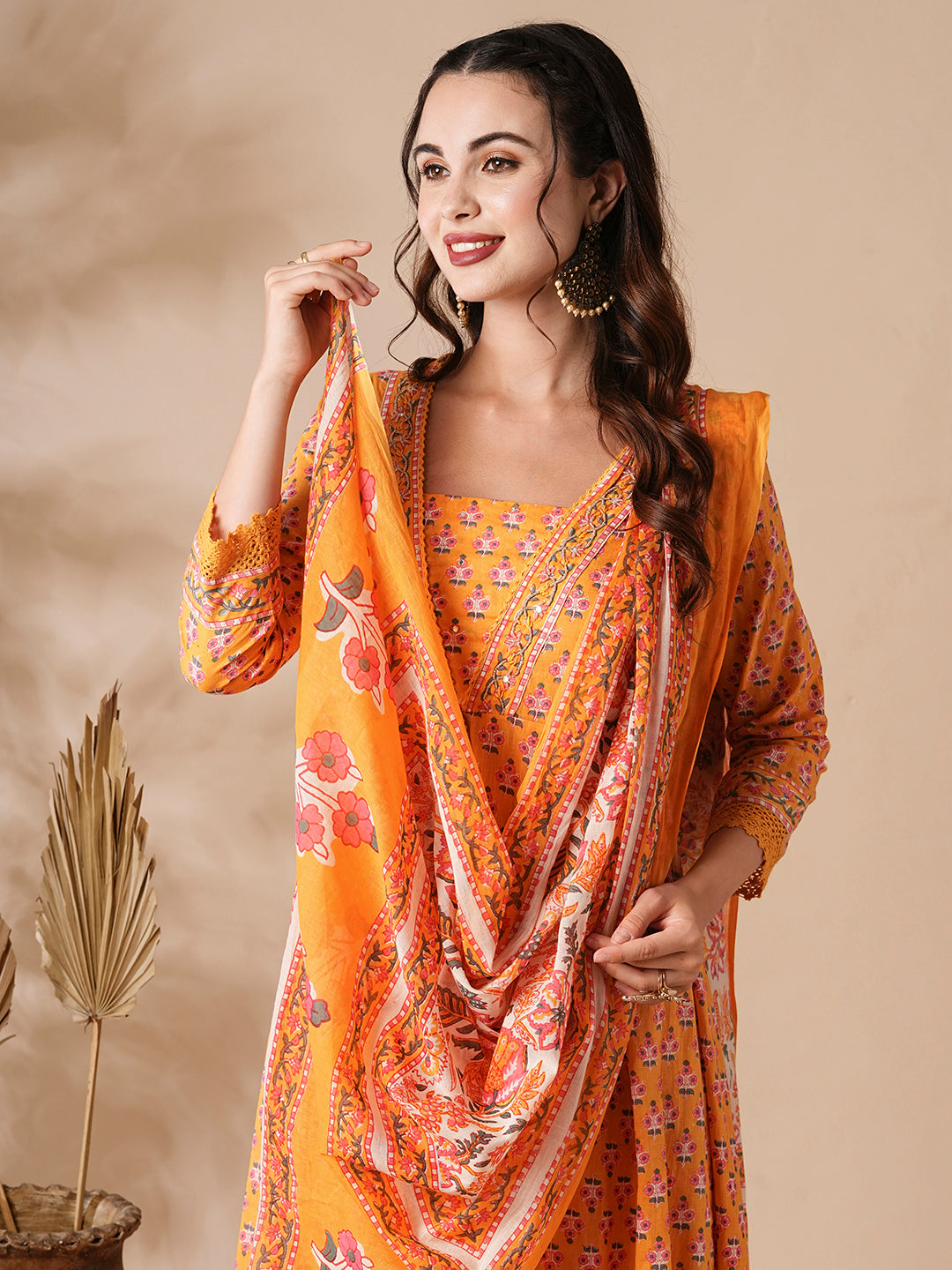 Fashor Floral Printed & Beads Embroidered Anarkali with Pant & Pure Cotton Dupatta - Yellow - view 2