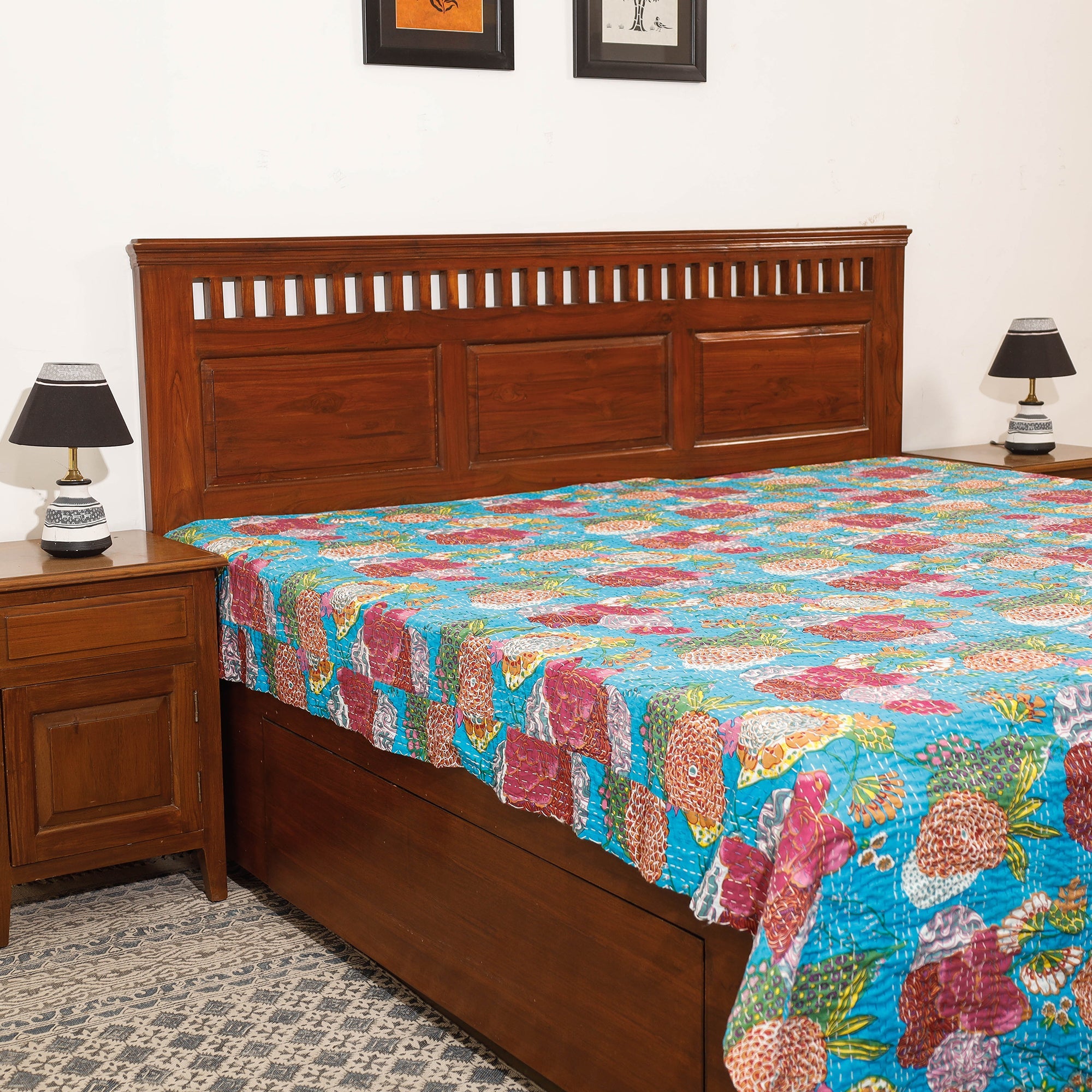 SHADES OF MARUDHARA Blue - Block Print Kantha Work Cotton Double Sanganeri Bed Sheet