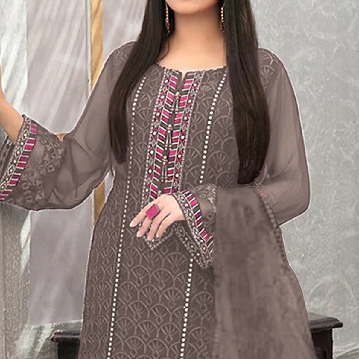 Peachmode Brown Embroidered Georgette Semi Stitched Pakistani Suit - view 2
