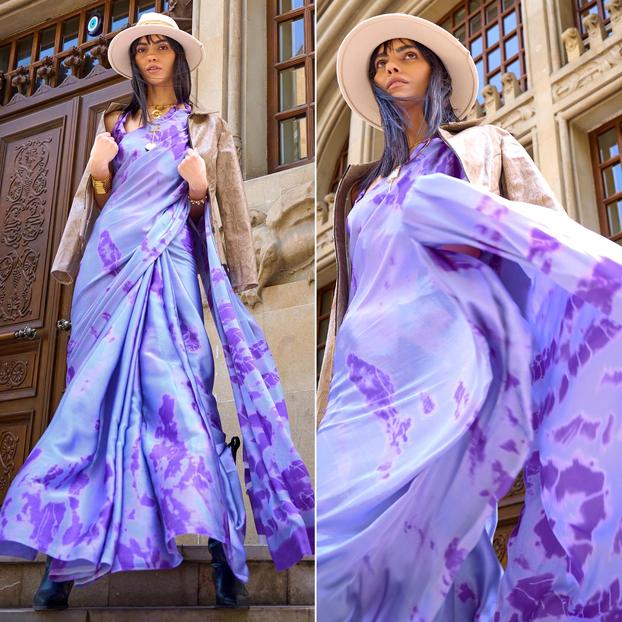 Peachmode Lavender Printed Crepe Saree – Women's