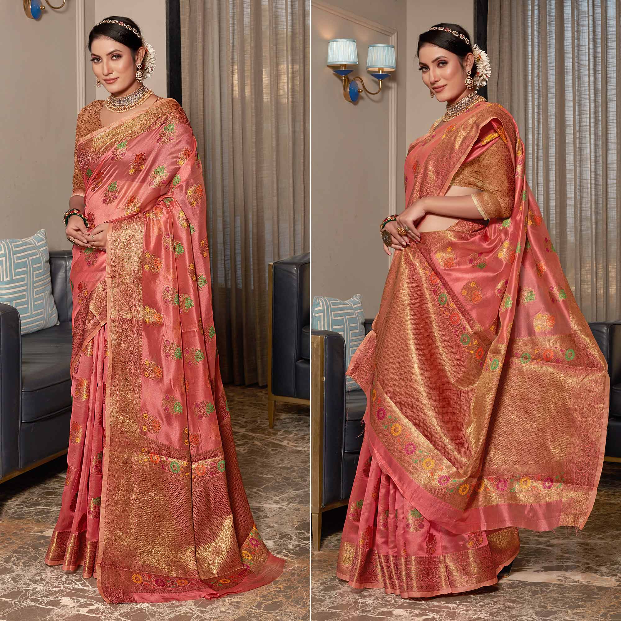 Peachmode Gajari Pink Floral Woven Organza Saree