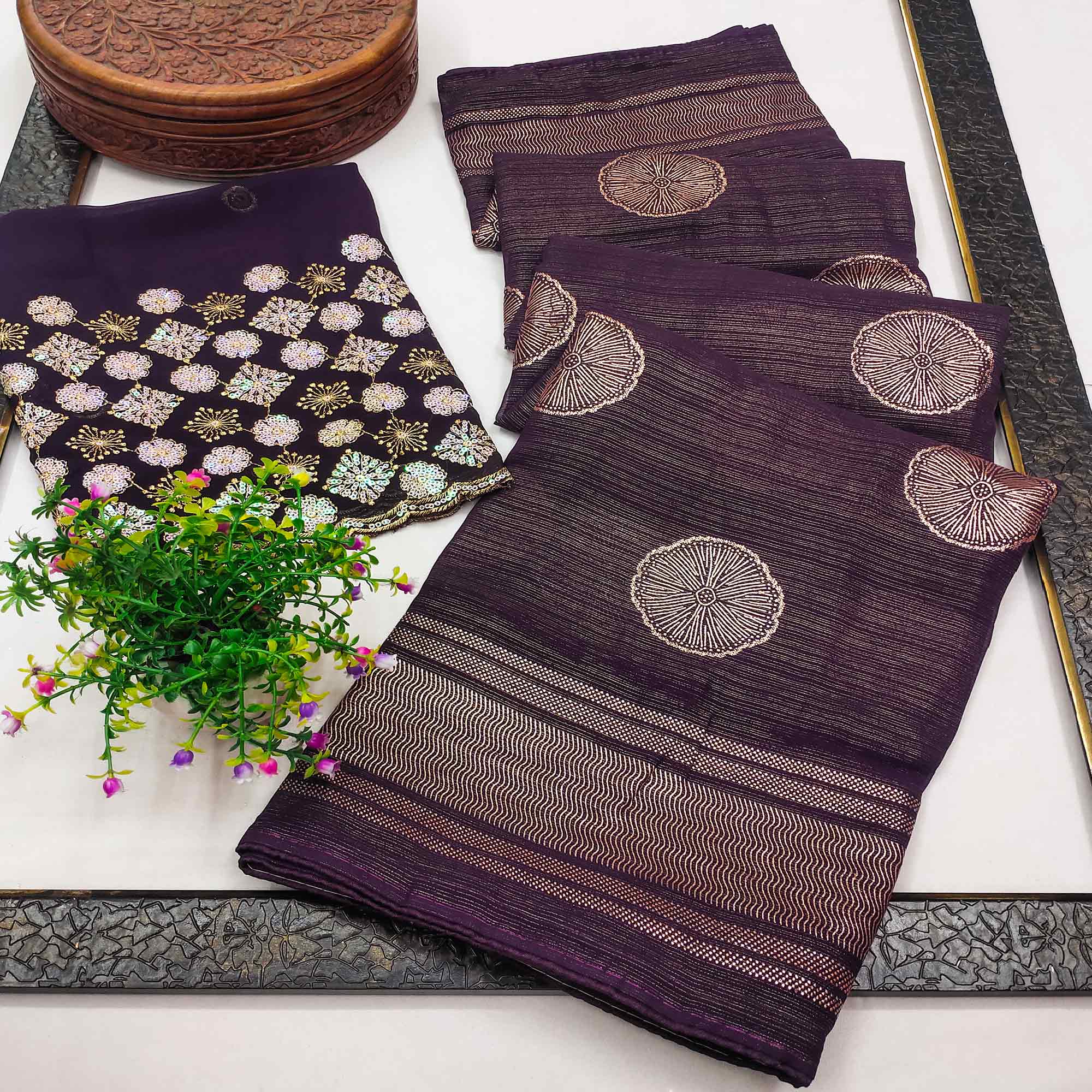 Peachmode Dark Purple Foil Printed Georgette Saree
