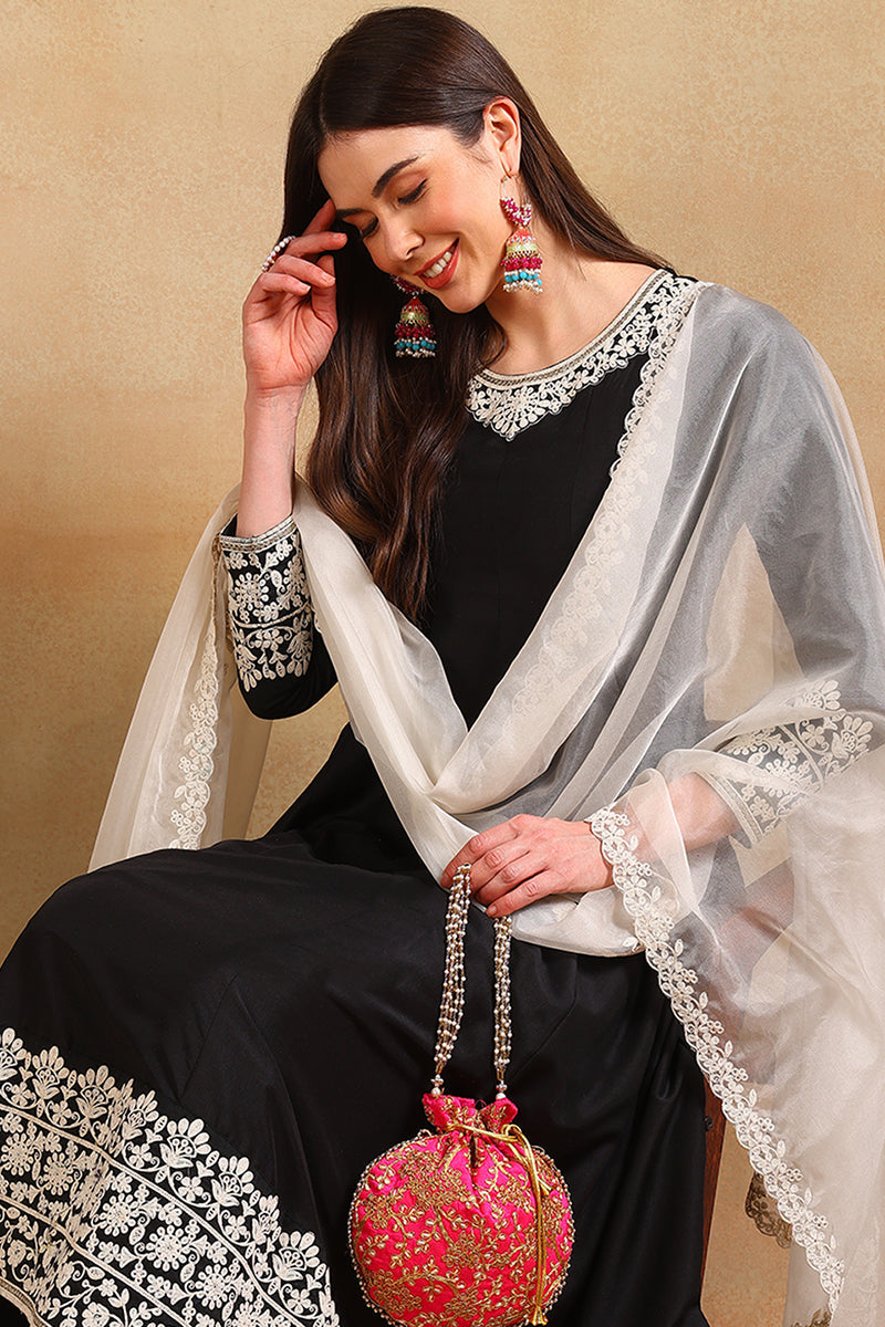 Ahika Black Silk Blend Embroidered Anarkali Suit Set PKSKD2362 - view 4