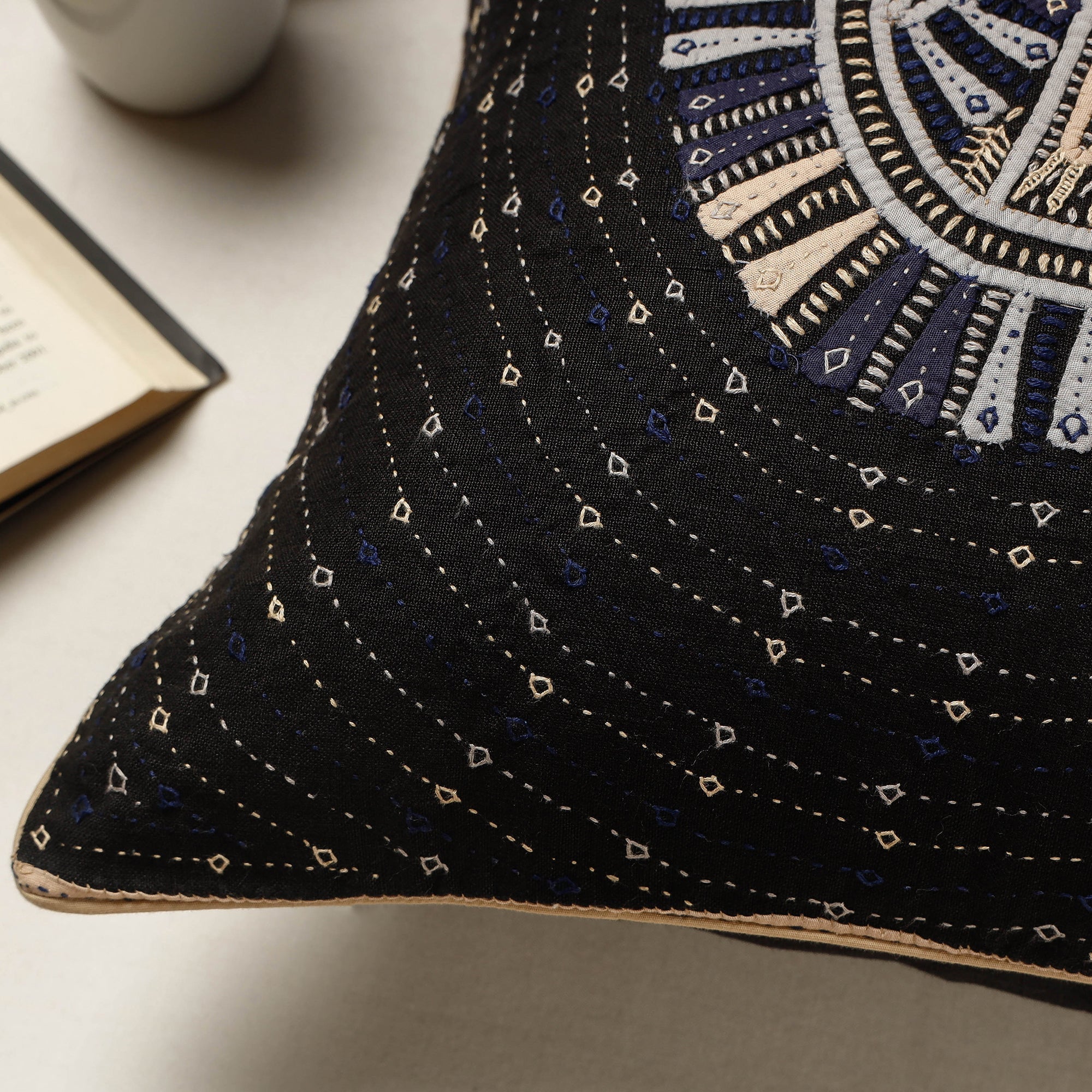 QASAB Black - Kutch Dhebariya Qatab Hand Embroidered Cotton Cushion Cover (16 x 16 in) - view 2