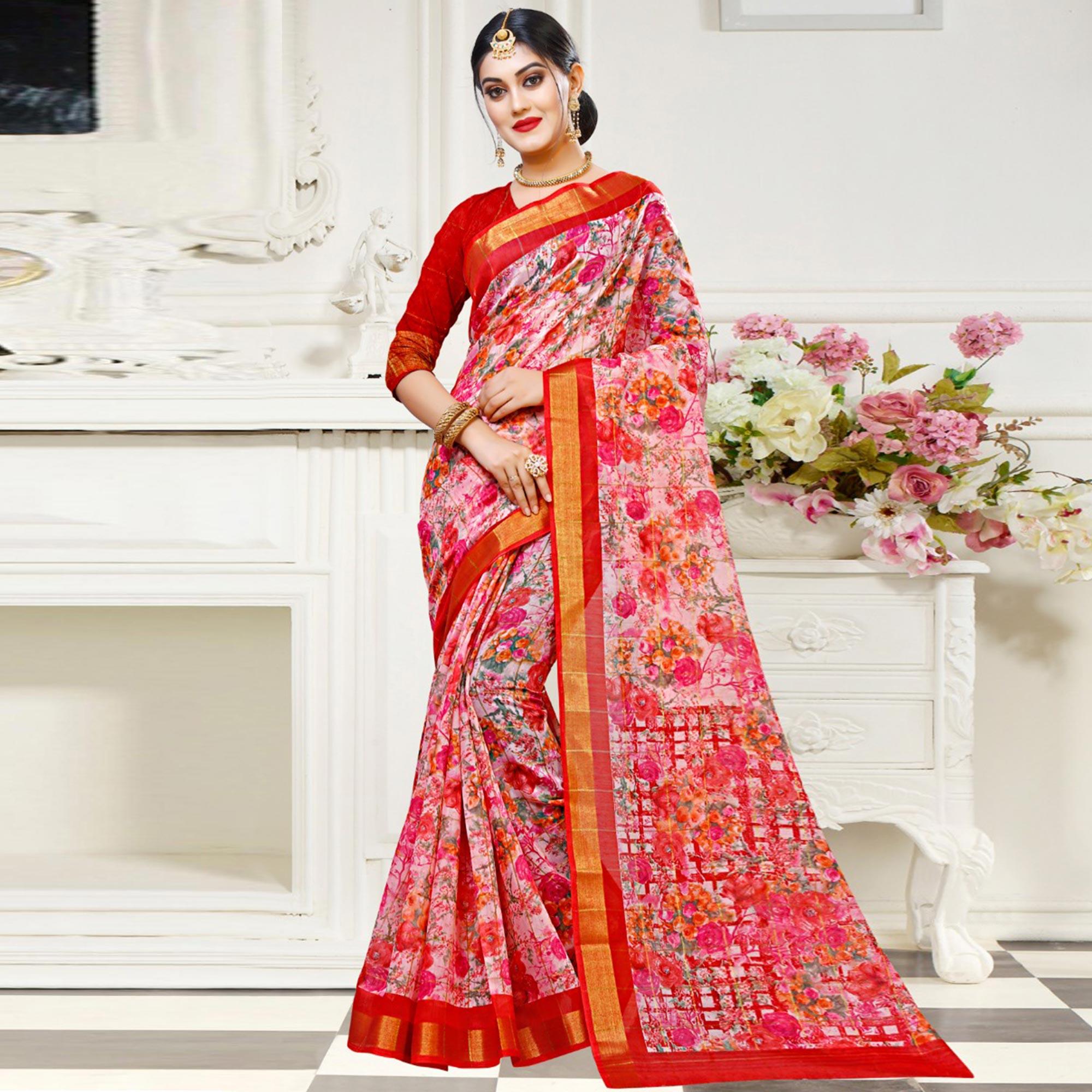 Peachmode Mesmerising Pink Colored Casual Floral Printed Cotton Saree
