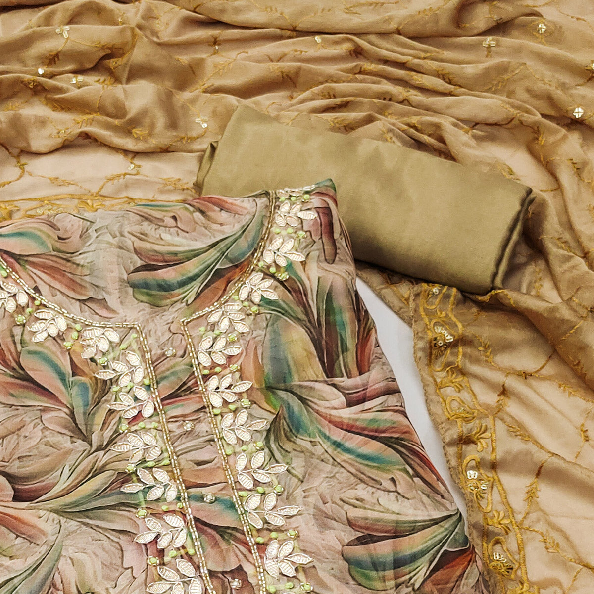 Peachmode Chikoo Floral Printed Organza Dress Material - view 2