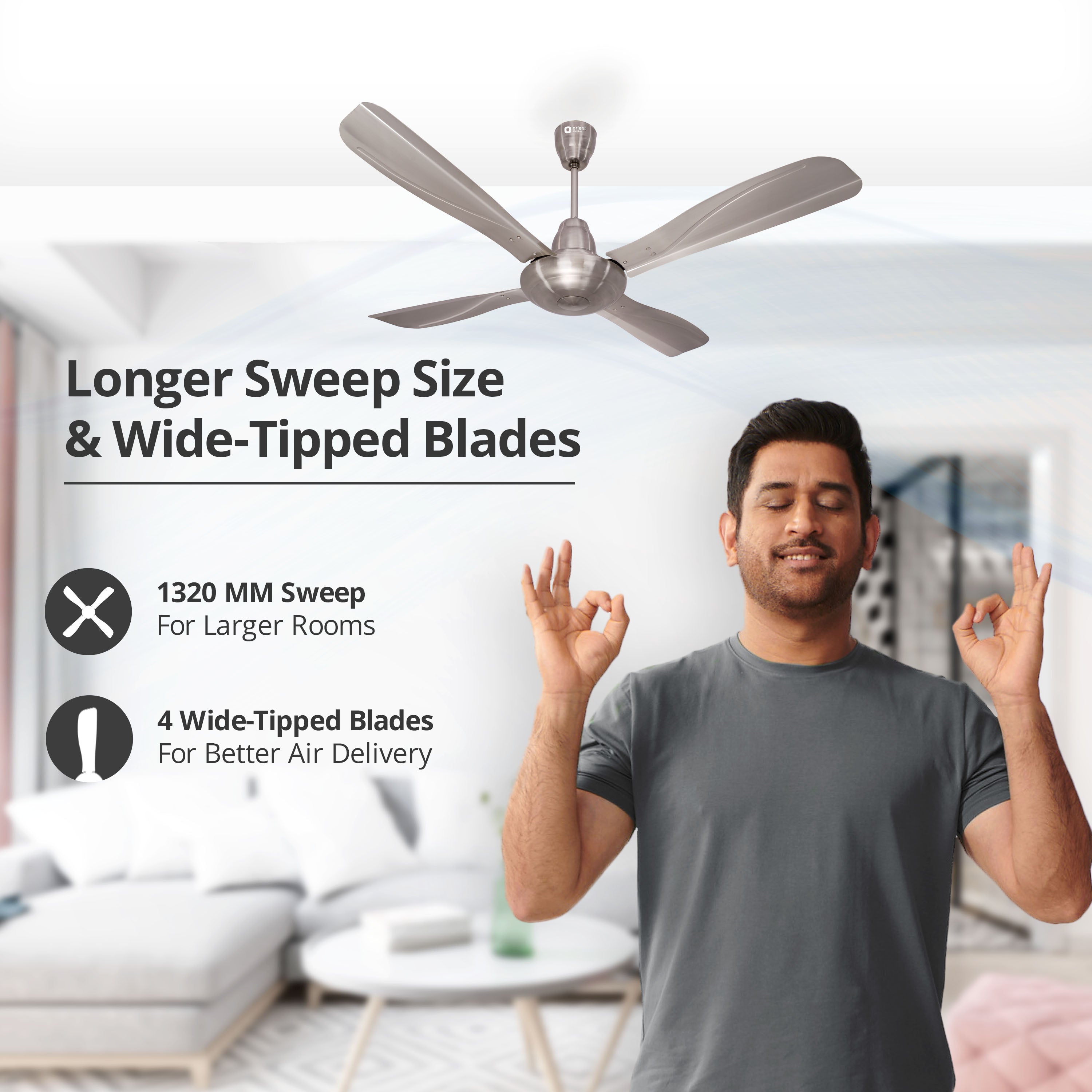 orientelectric Stallion 1320mm Wide Tipped and Electroplated Finish Blades Ceiling Fan - view 16