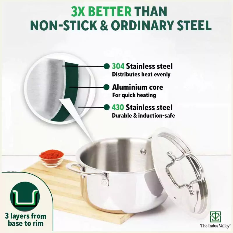 The Indus Valley TurboCuk Tri-ply Stainless Steel Casserole/ Cooking Pot/ Sauce Pot+ Steel Lid, Premium Quality, 3 Layer Thick Body, 100% Toxin-free, - view 5