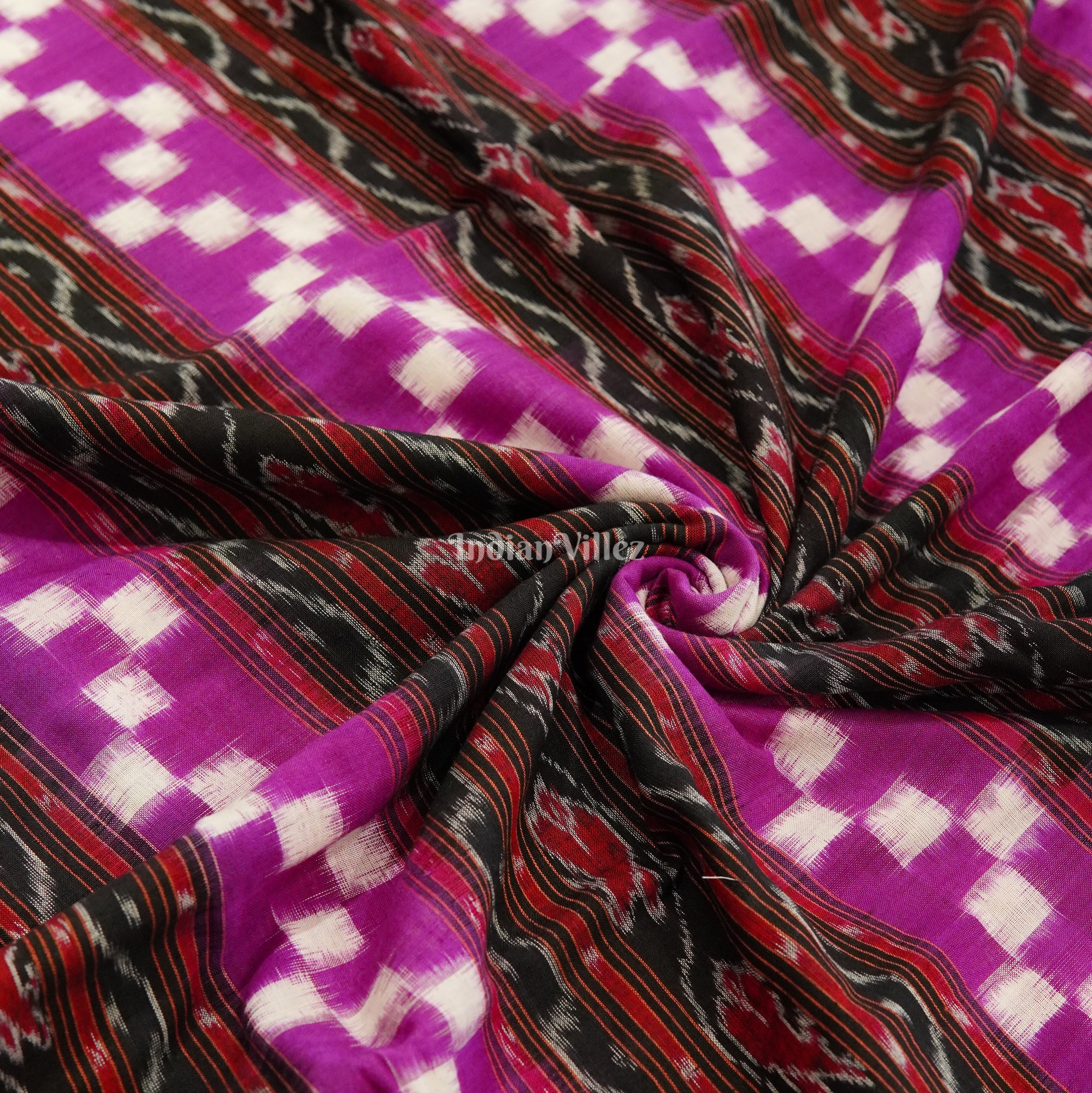 IndianVillèz Bright Magenta Box Design Sambalpuri Ikat Cotton Fabric