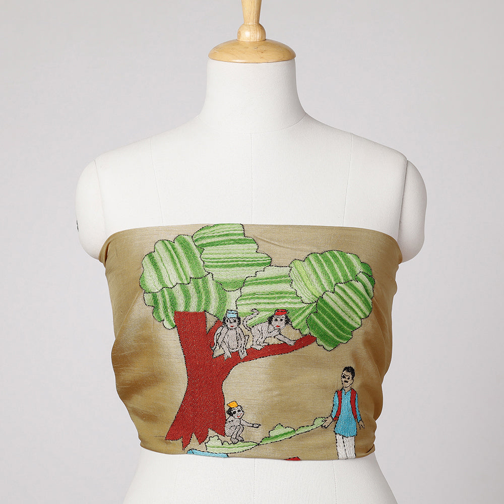 ITOKRI CRAFTS INITIATIVE Beige - Bengal Kantha Embroidery Raw Silk Blouse Piece