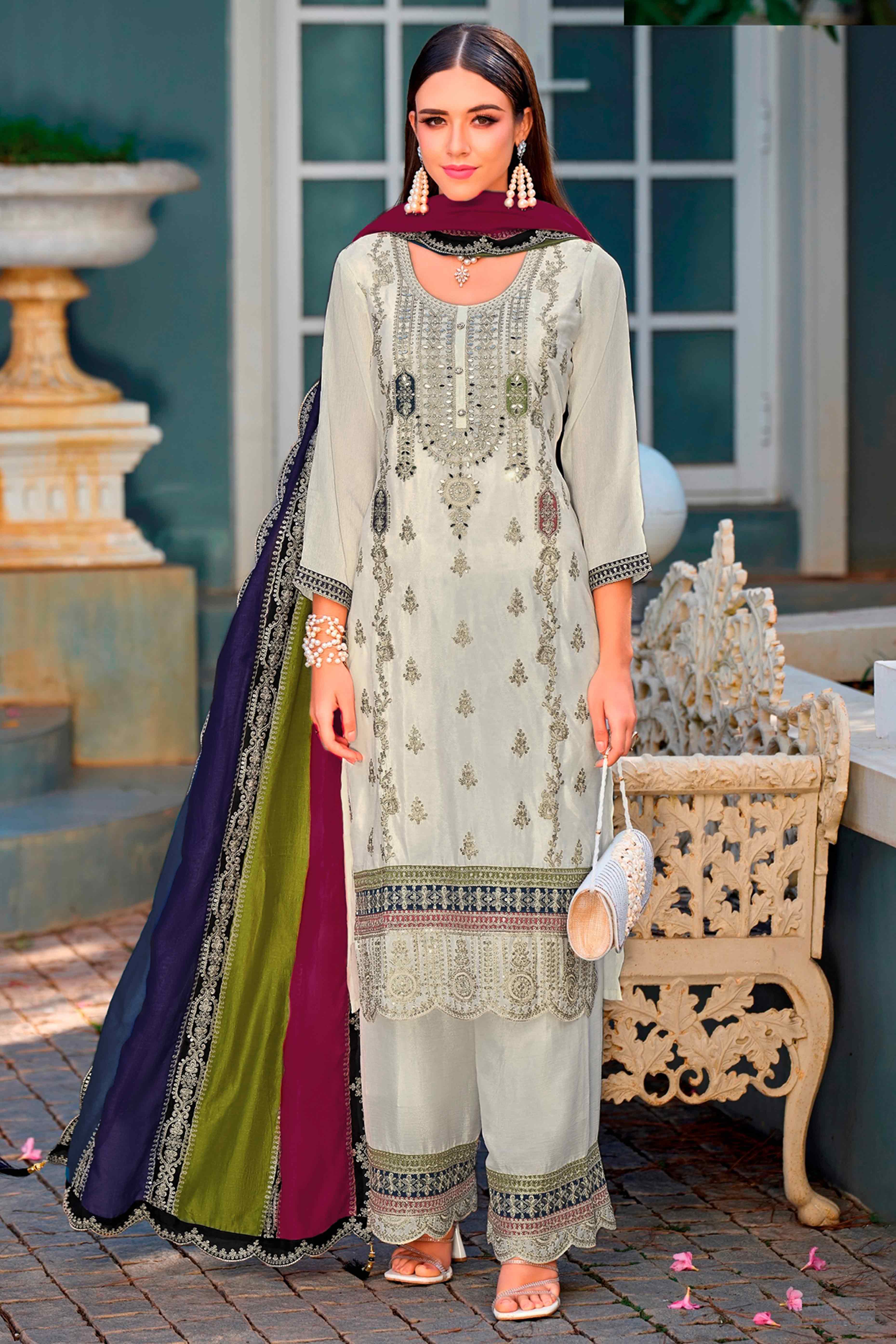 Peachmode Cream Floral Sequins Embroidered Chinon Semi Stitched Palazzo Suit