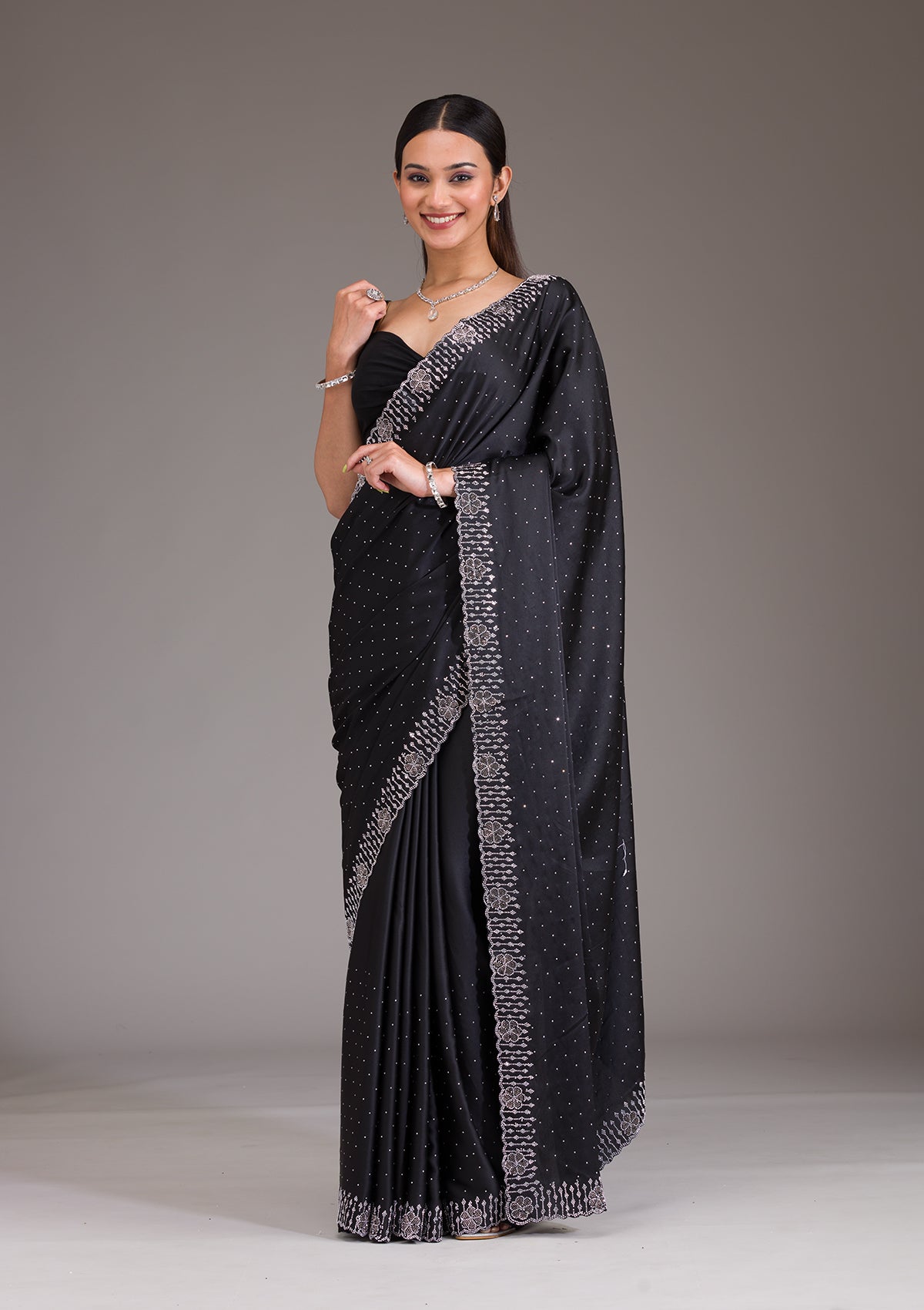 Koskii Black Swarovski Satin Saree – Women's - view 5