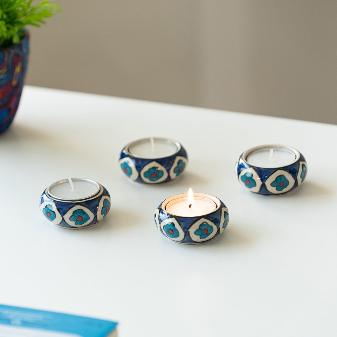 EXCLUSIVELANE 'Mughal Floral' Handpainted Tea Light Holder (Set of 4, Ceramic)