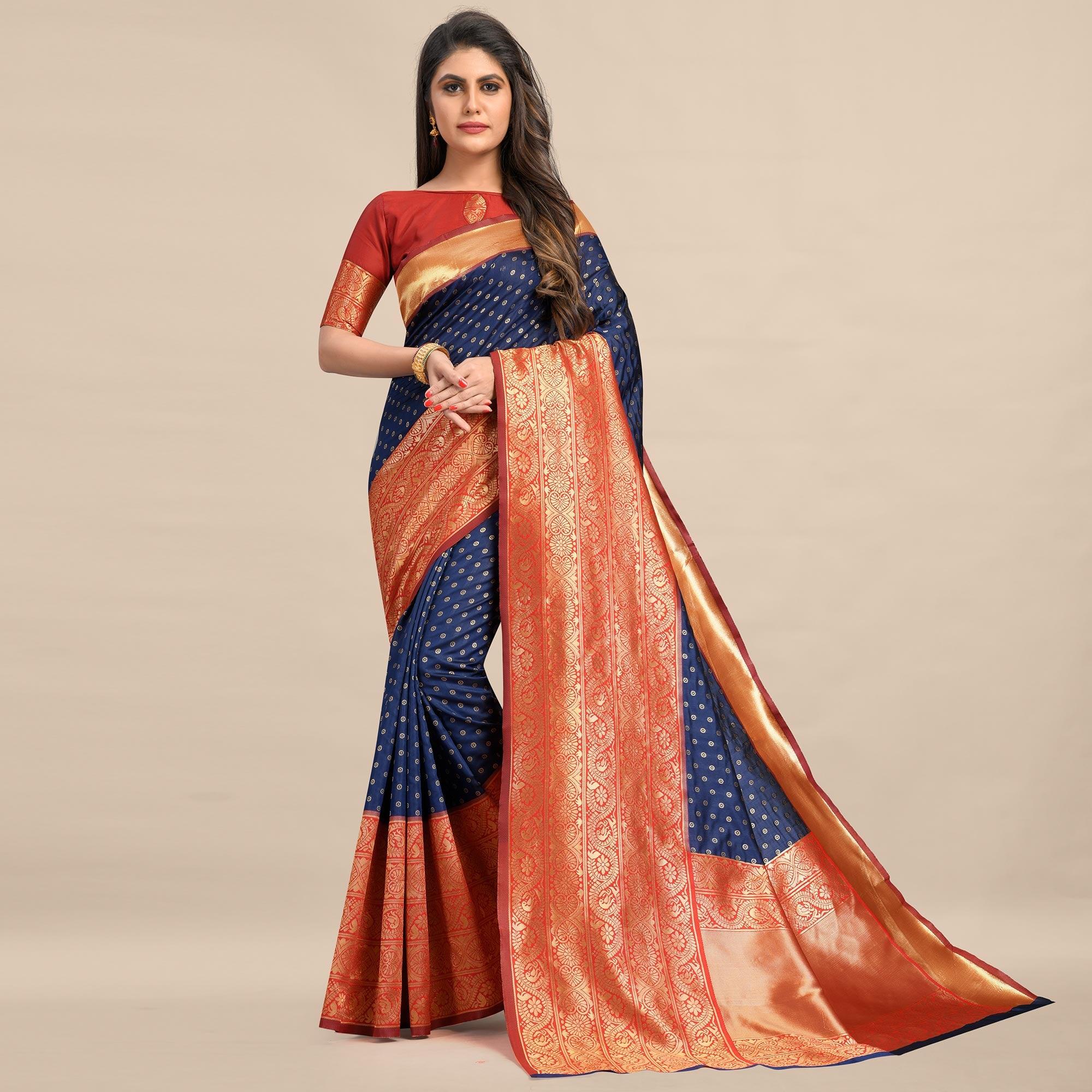 Peachmode Blue-Red Festive Wear Rich Woven Border Soft Banarasi Silk Saree