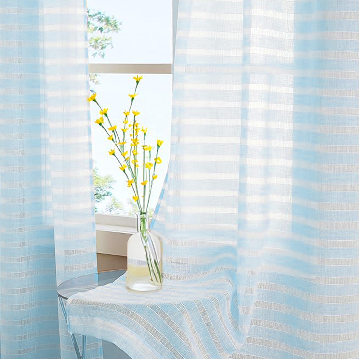 Urban Space -Home Furnishing Store Aari Collection Embriodered Sheer Curtains, 35-40 % Light Filtering Curtains - Pack of 2 - Horizontal Weaves SkyBlu