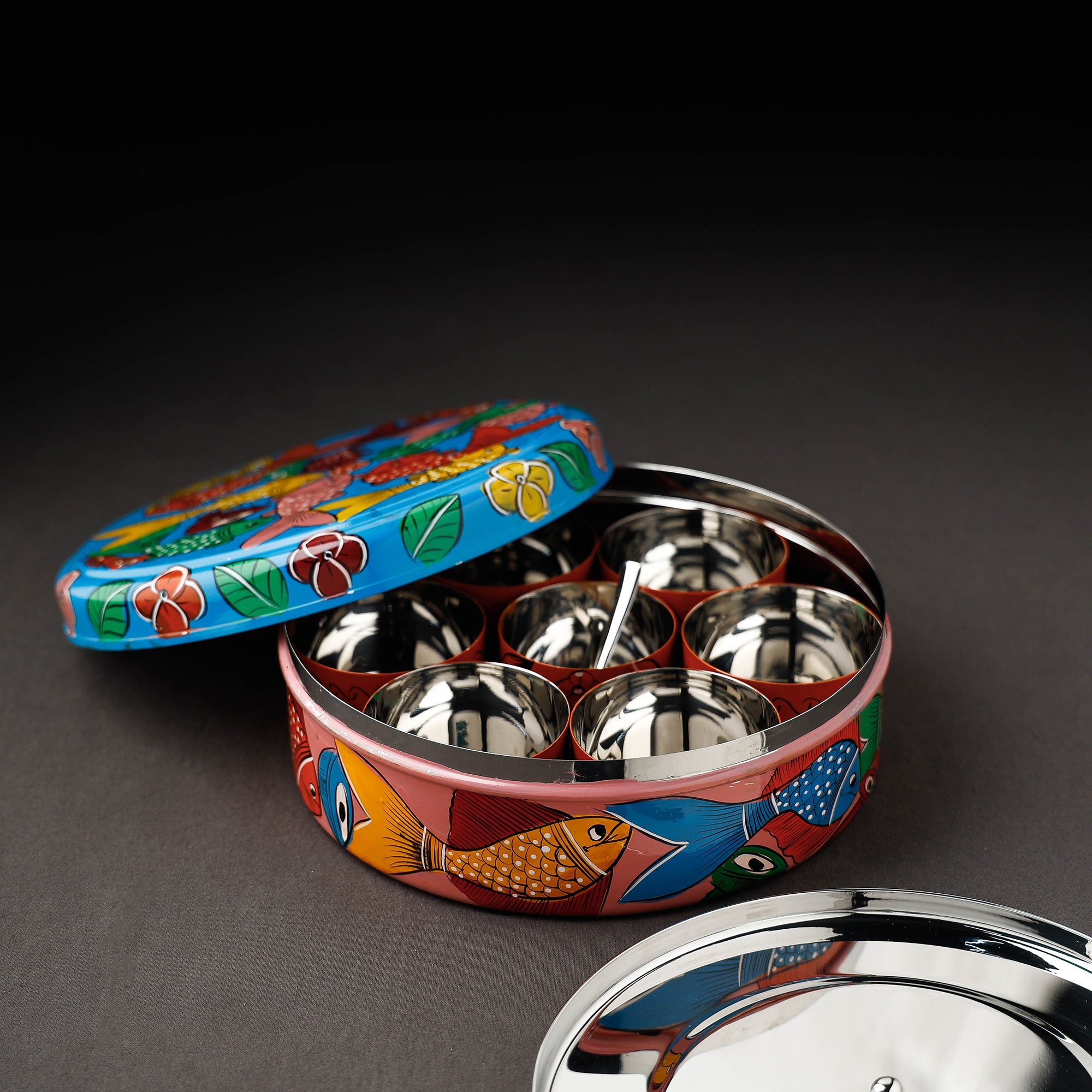 AAYAAS Blue - Bengal Patua Handpainted Stainless Steel Masala Box (7.5 x 7.5 in) - view 2