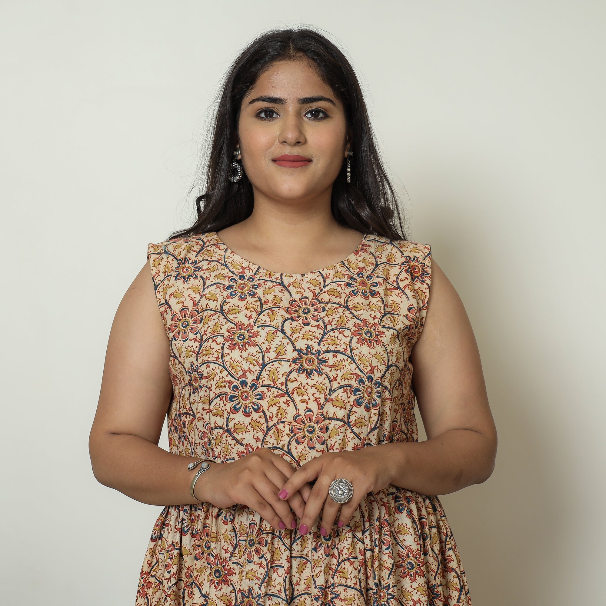 ITOKRI CASUALS Beige - Pedana Kalamkari Block Printed Cotton Tiered Dress 12