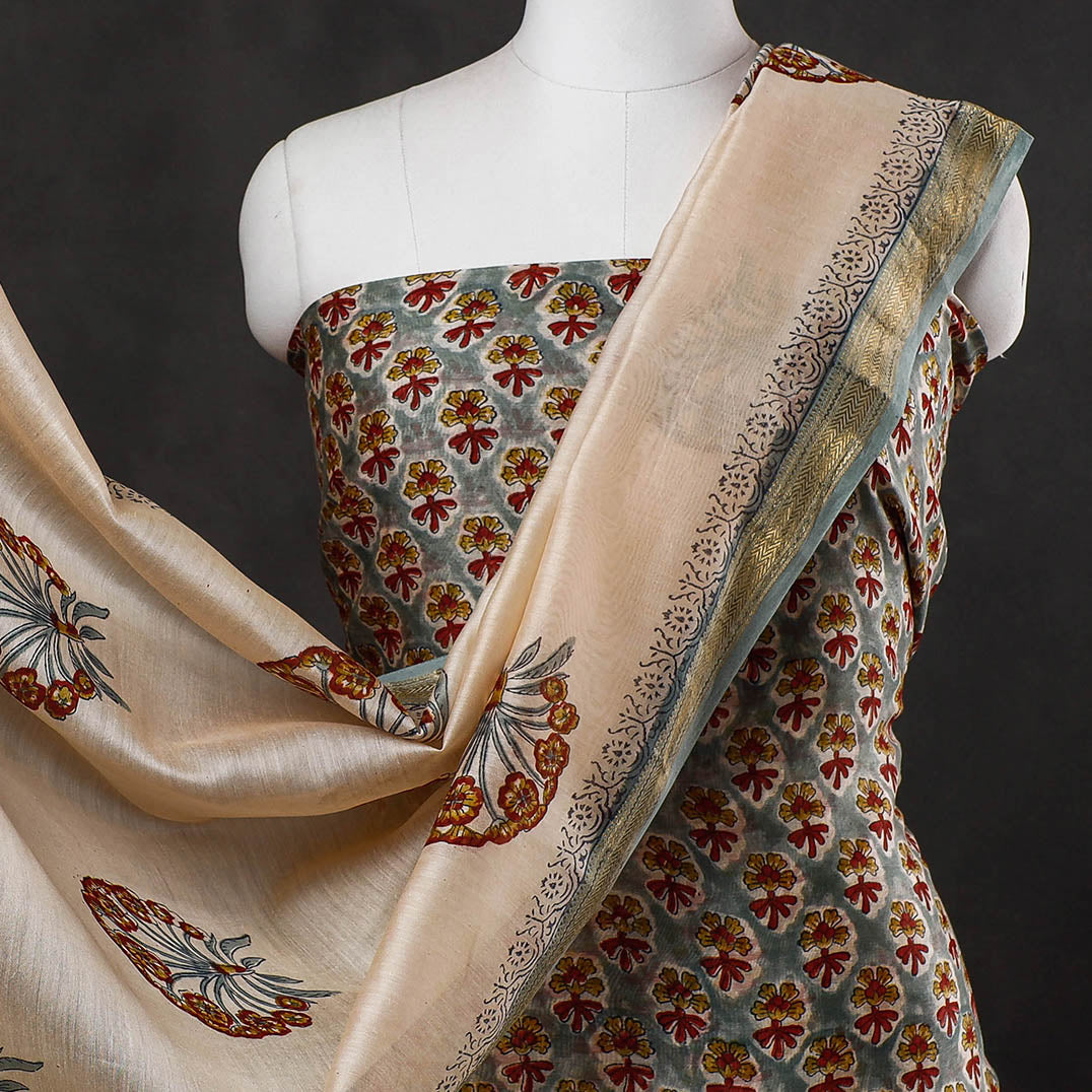 ARTISAN HAND BLOCK PRINTS 3pc Sanganeri Block Printed Maheshwari Silk Suit Material Set - view 3