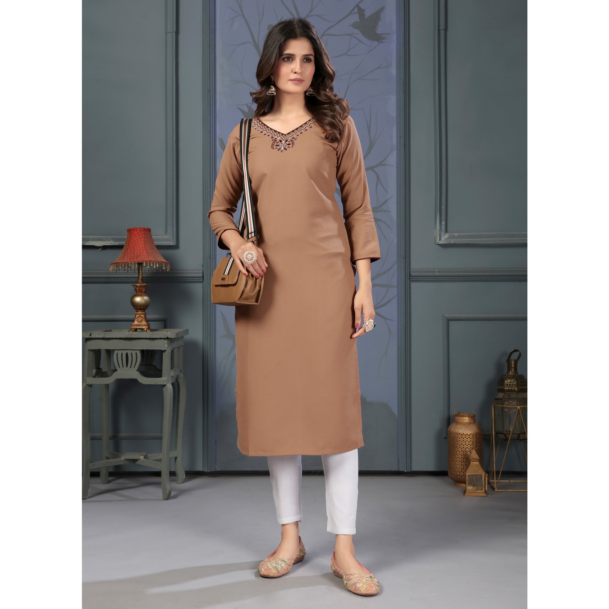 Peachmode Seller Brown Solid With Mirror Embroidered Cotton Blend Kurti - view 4