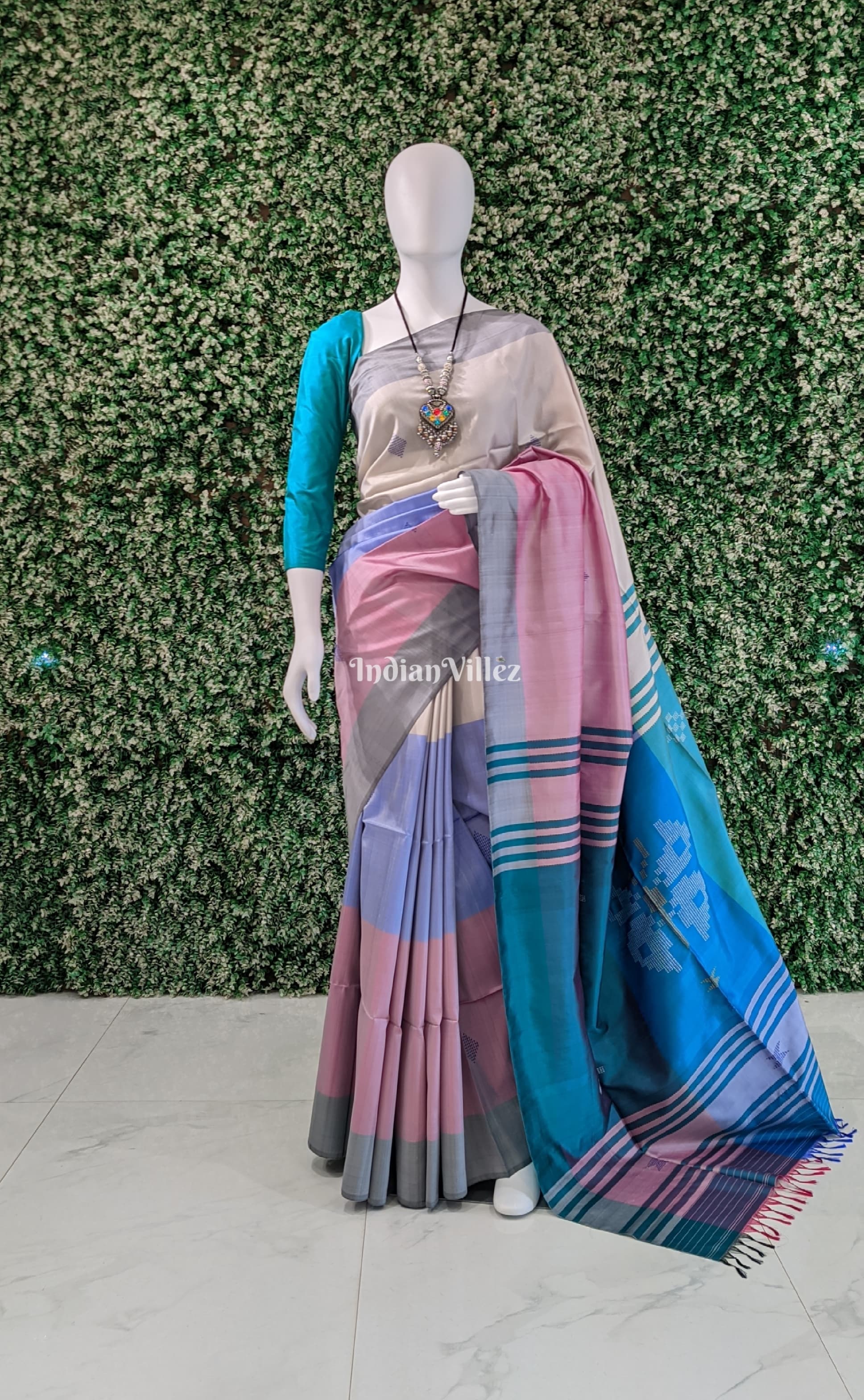 IndianVillèz Dodger & Columbia Blue Handloom Bishnupuri Silk Saree