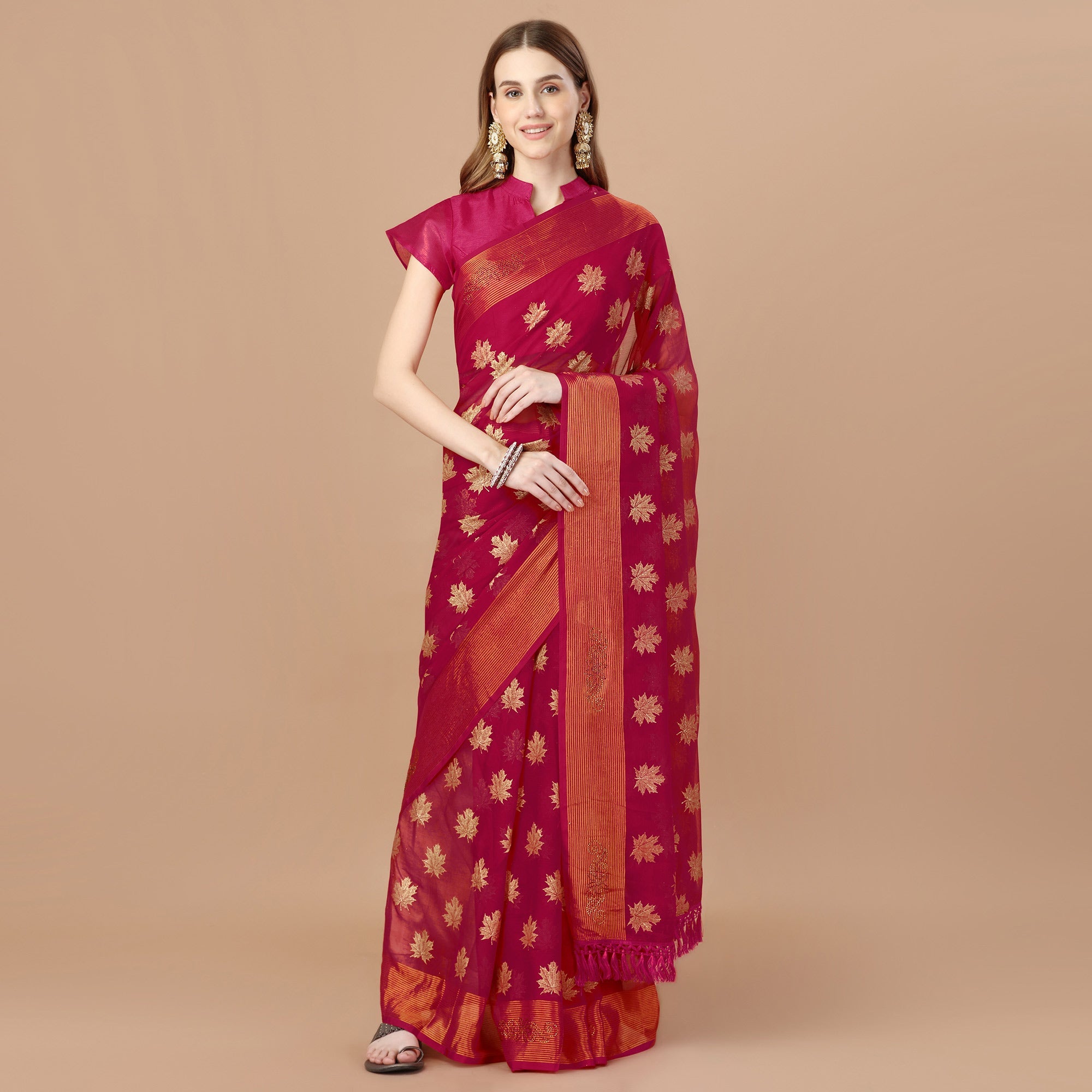 Peachmode Dark Magenta Zari Work Chiffon Saree With Tassels - view 2