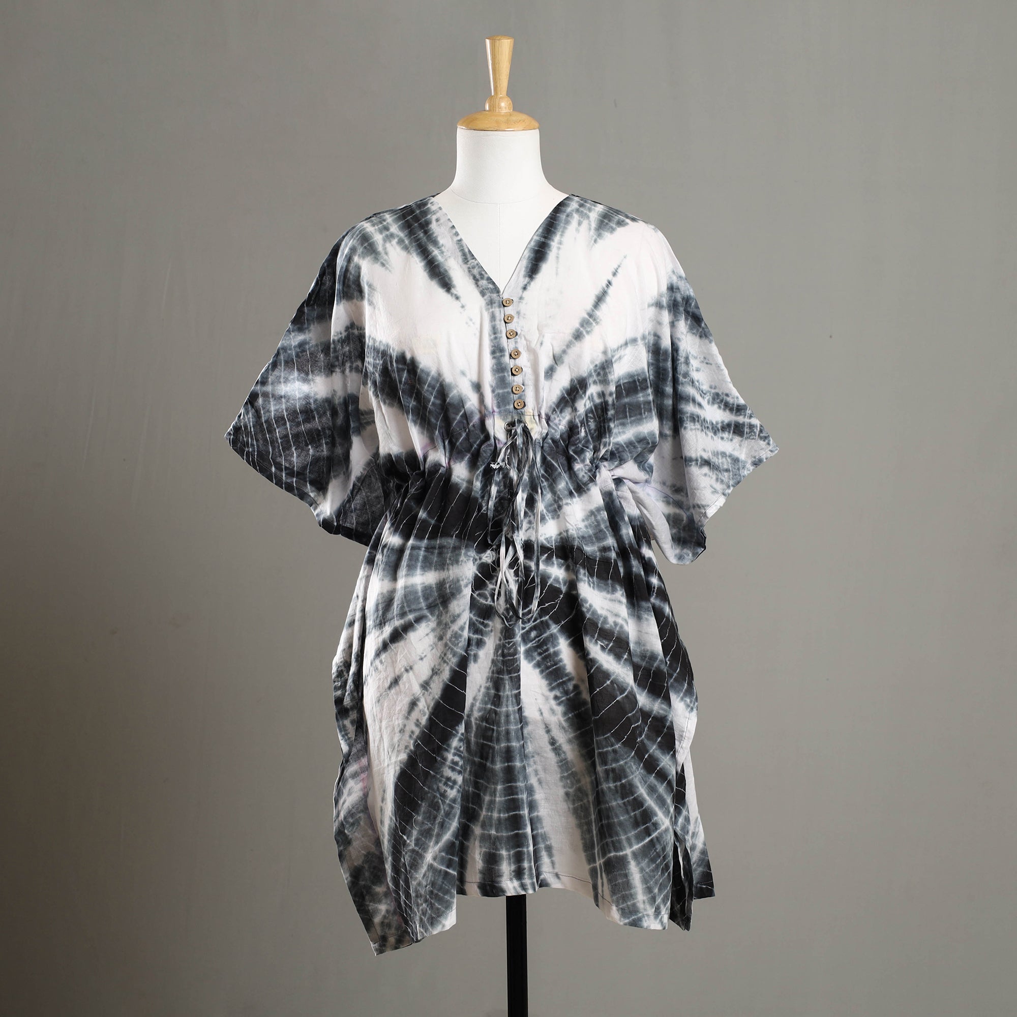 ITOKRI CASUALS Black - Shibori Tie-Dye Cotton Kaftan with Tie-Up Waist (Medium)