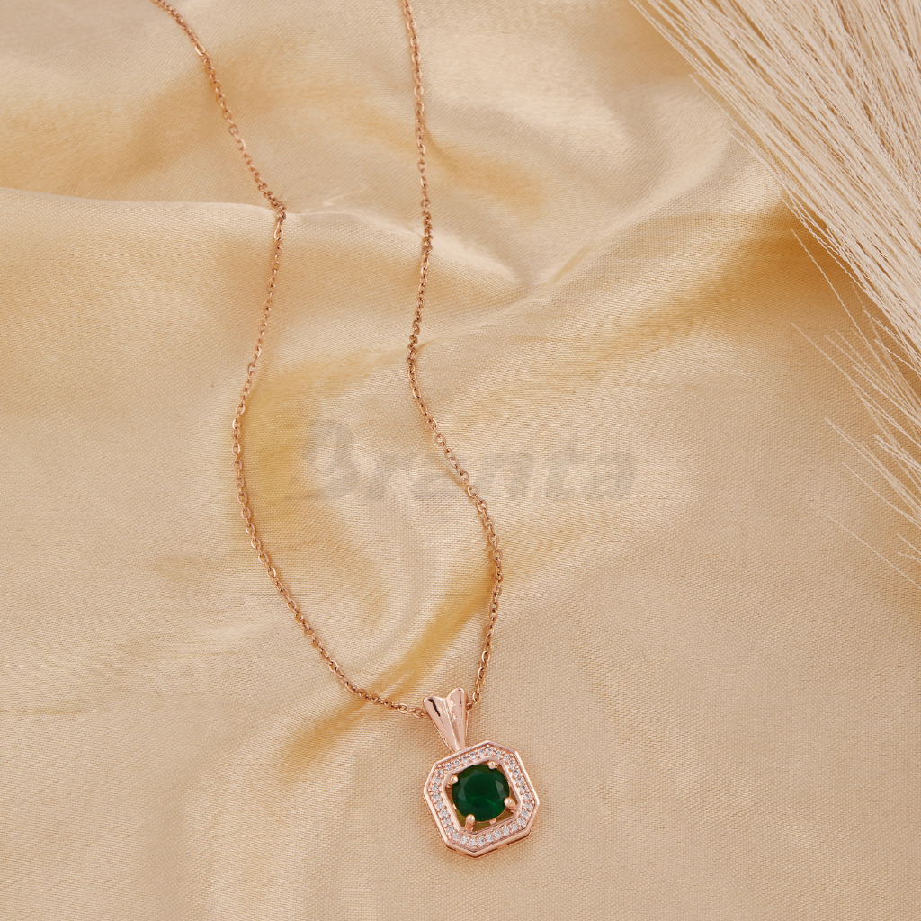 Branta Green Round Emerald Pendant Rose Gold Necklace For Women - view 2