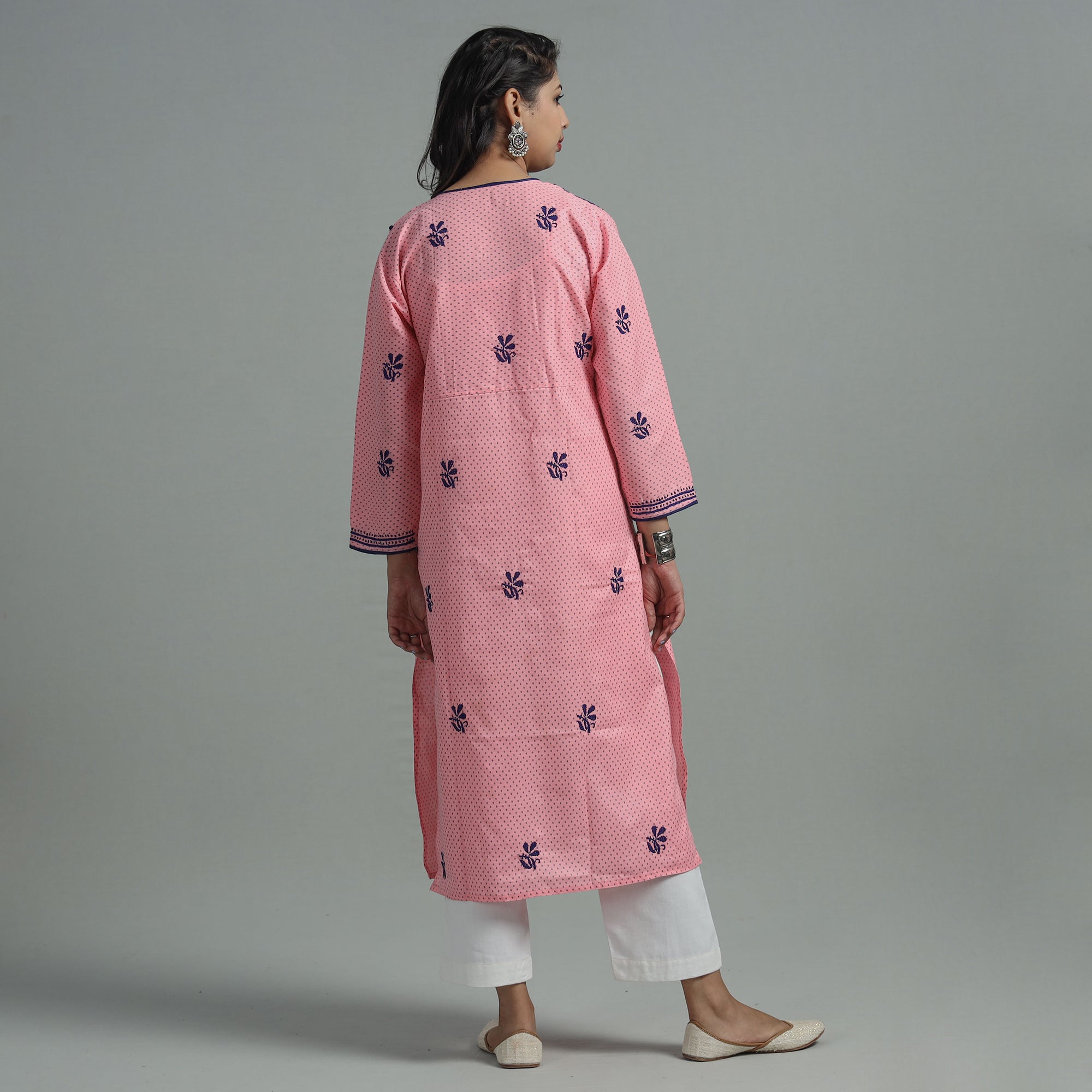 MEHARKI CHIKAN Baby Pink Chikankari Hand Embroidered Cotton Long Kurta - view 4