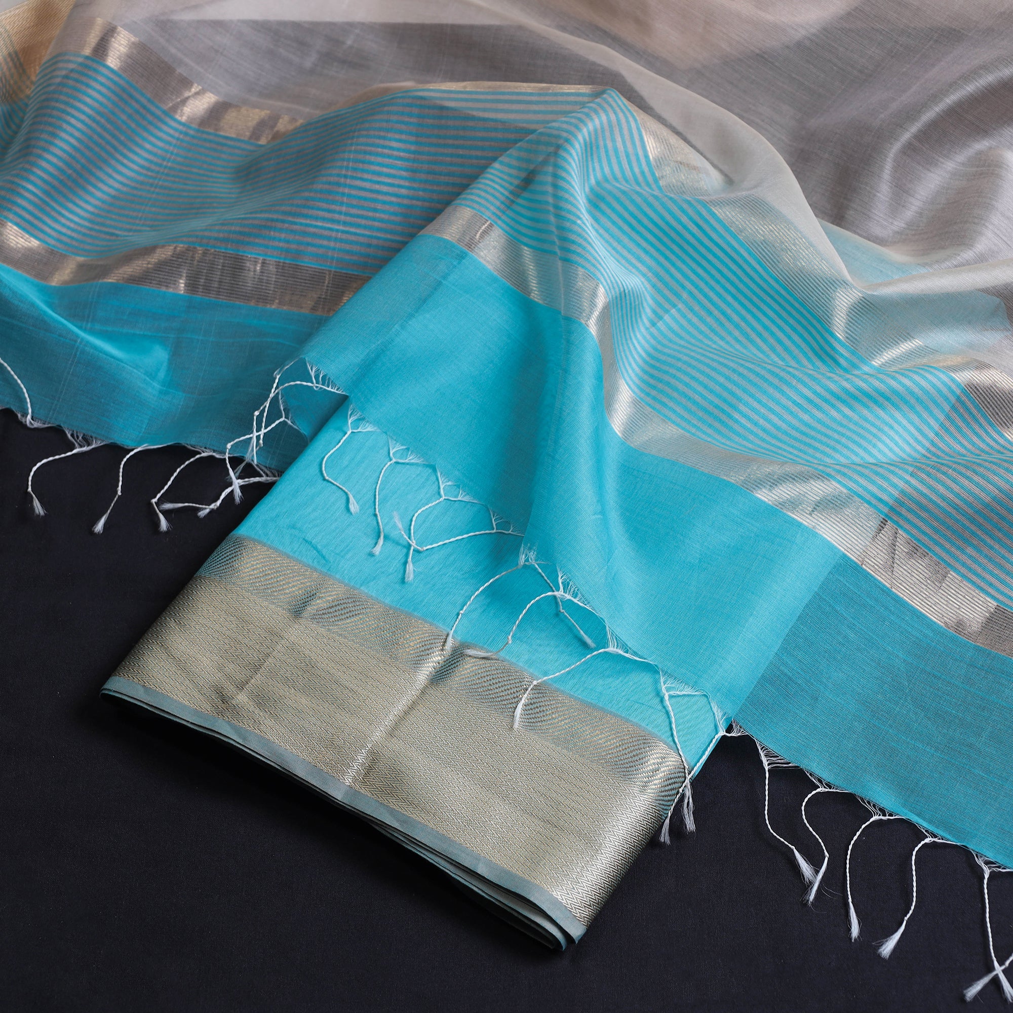 ITOKRI CRAFTS INITIATIVE Blue - 2pc Maheshwari Silk Handloom Suit Material Set with Resham Zari Border - view 2