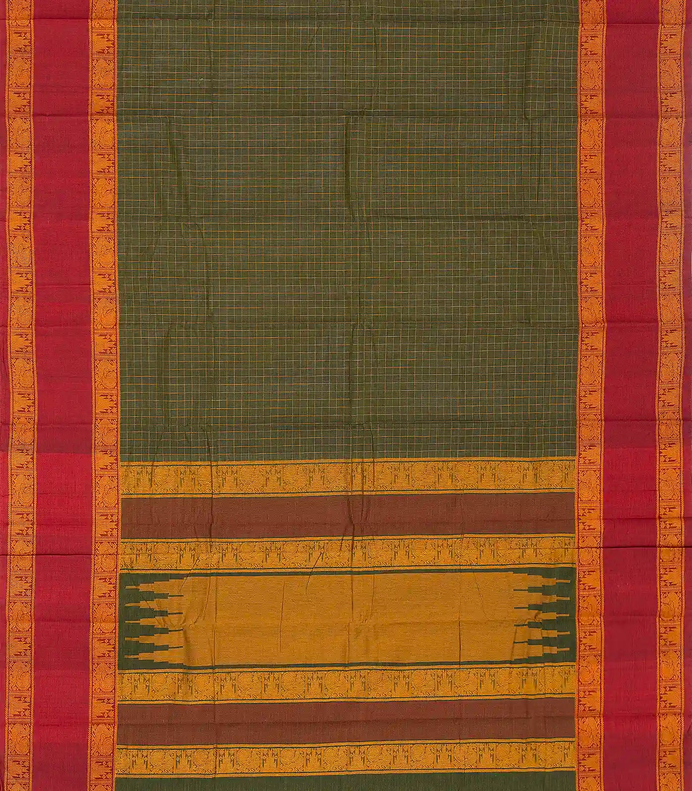 RmKV Green Handloom Kanchi Cotton Saree With Crimson Border - view 2
