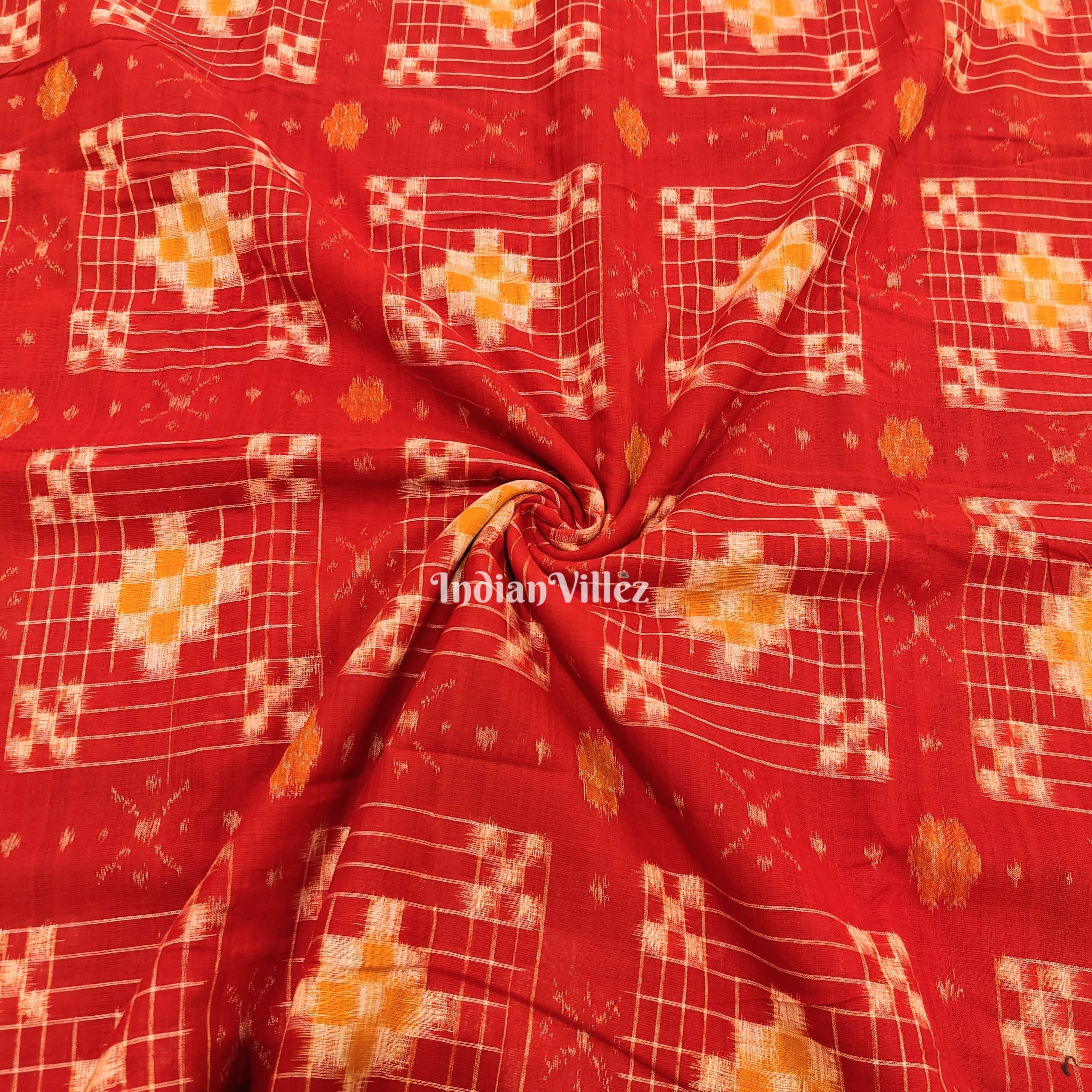 IndianVillèz Red Pasapali Theme Sambalpuri Ikat Cotton Fabric