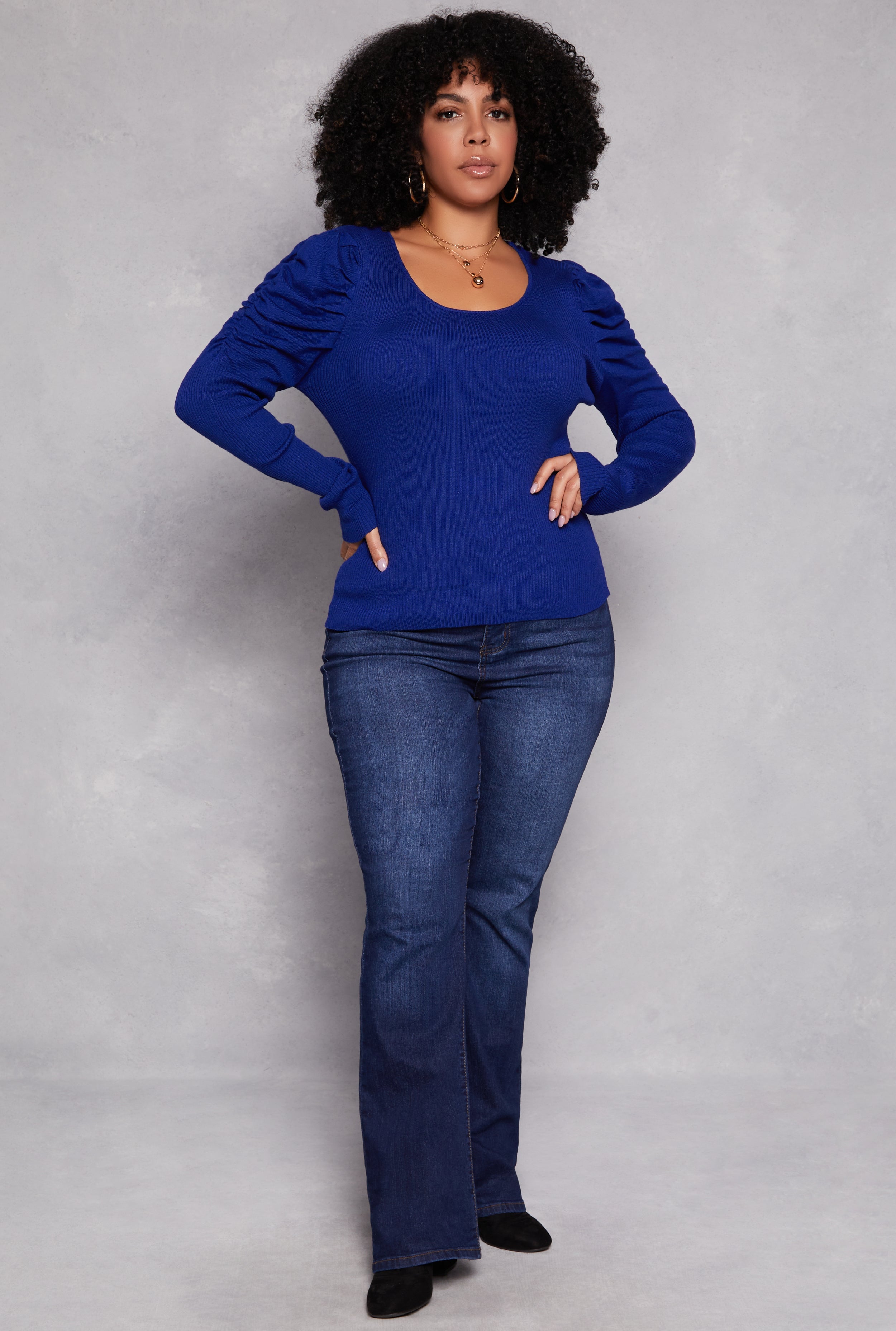 Rainbow Shops Plus Size Ruched Puff Sleeve Sweater - view 2