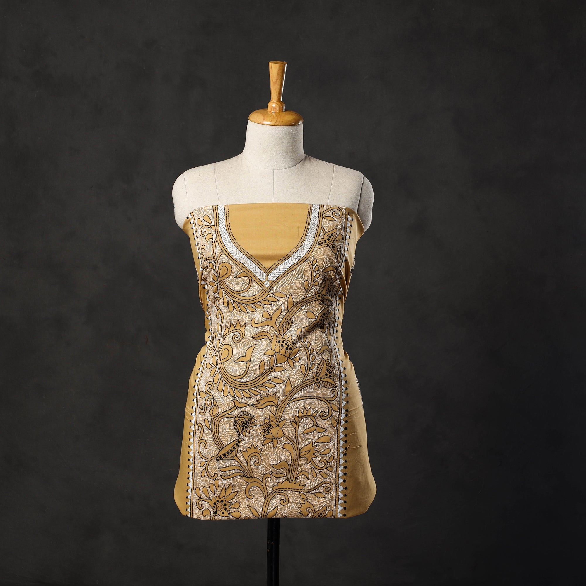 KHUSHBASH - HAPPY LOOM OF EAST Beige - Bengal Kantha Embroidery Cotton Kurta Material - (2.75m) 25