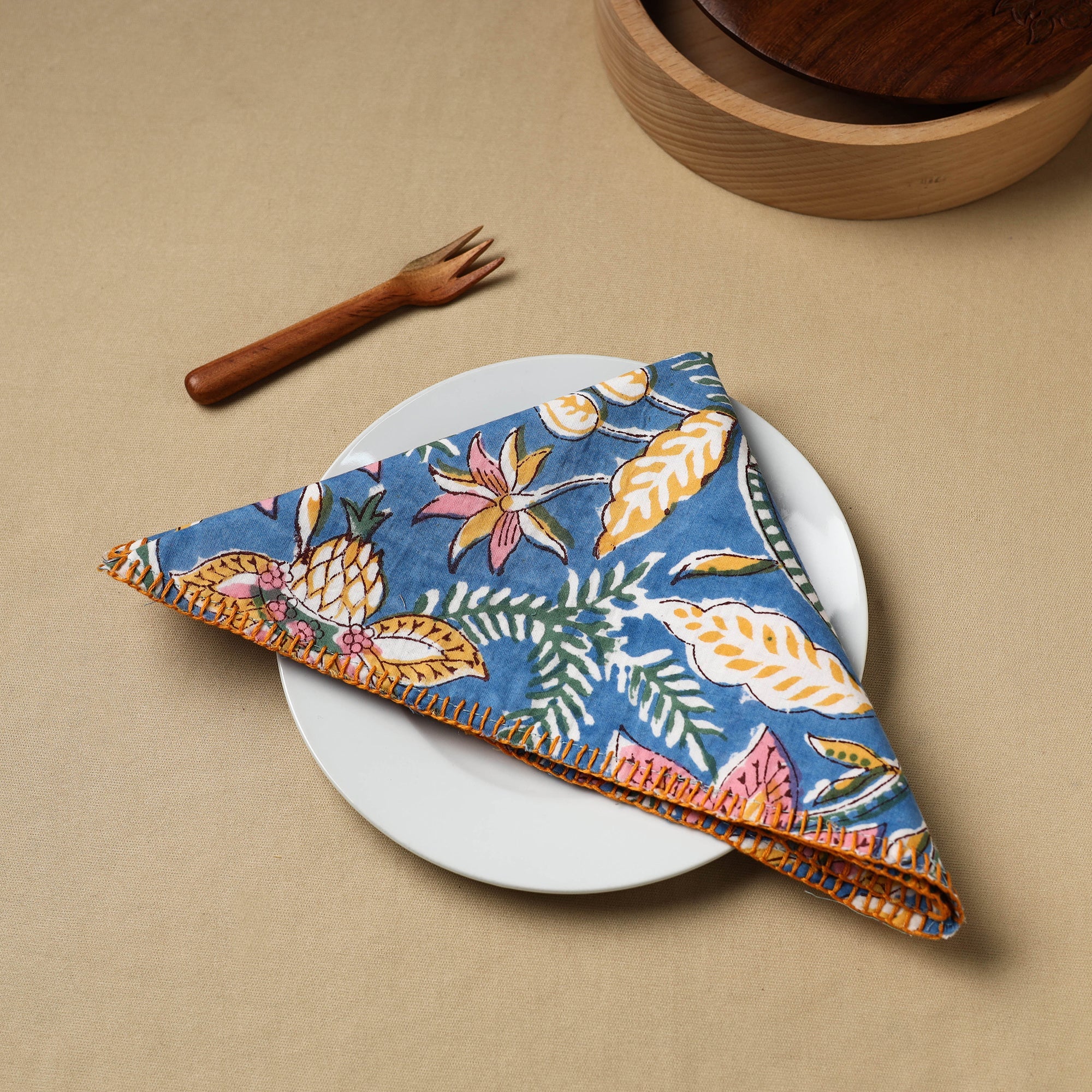 NOORI BAZAR Blue - Floral Block Print Hand Embroidery Table Napkin 06