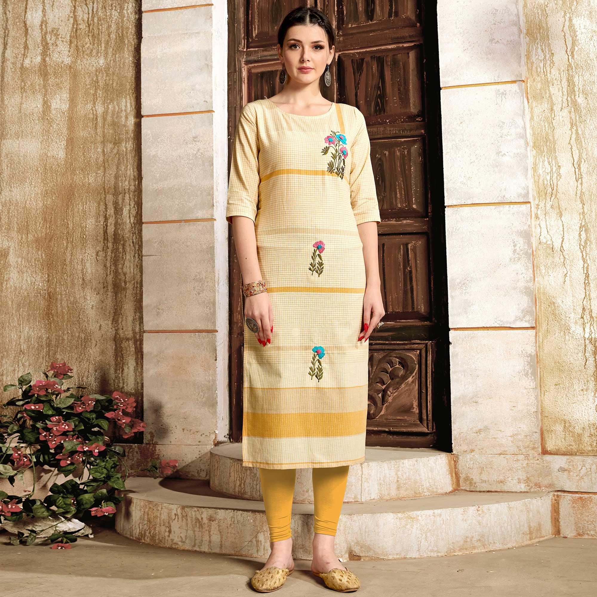Peachmode Seller Demanding Cream - Mustard Colored Casual Wear Embroidered Pure Cotton Kurti