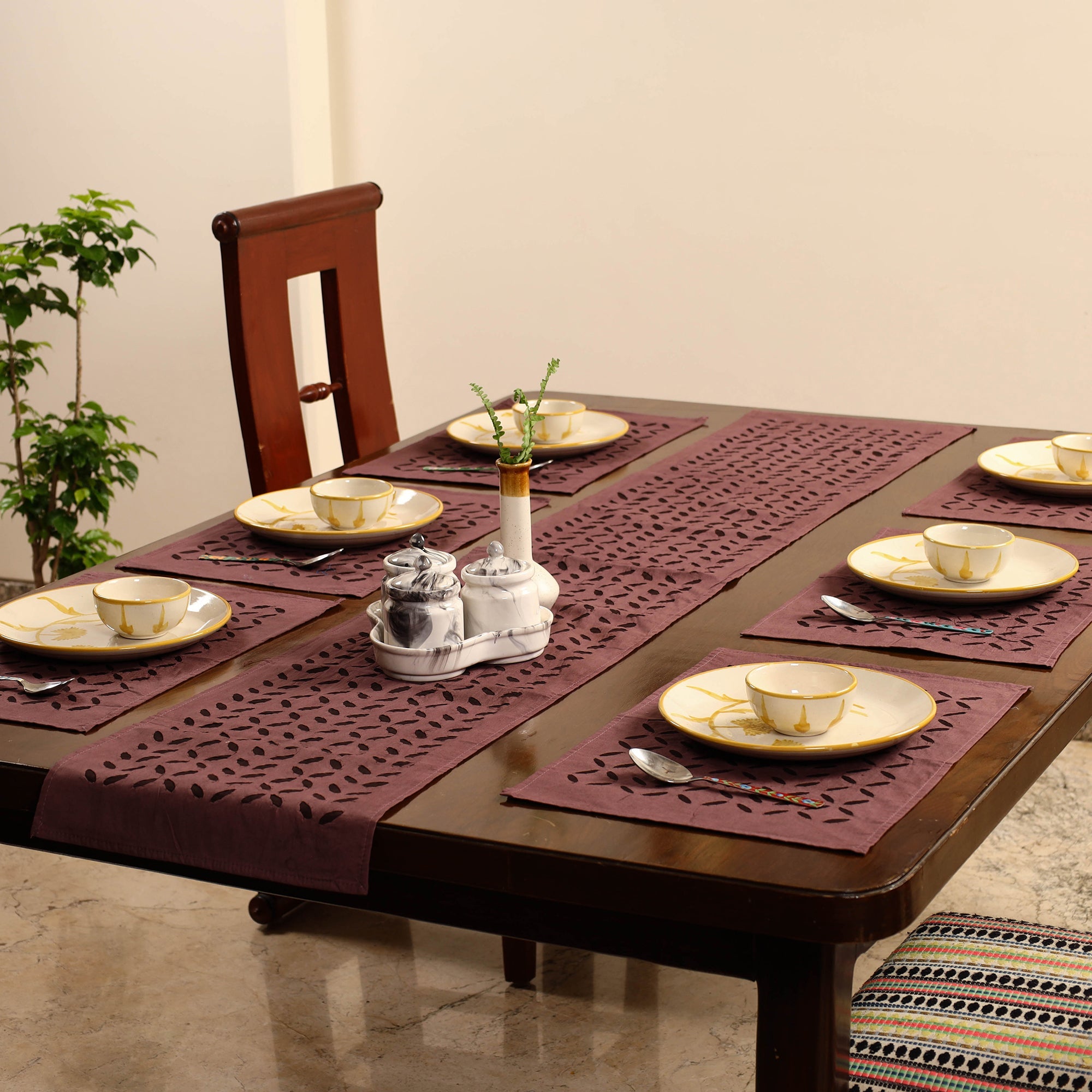 SHADES OF MARUDHARA Brown - Applique Cut Work Table Runner with Table Mat Set 87