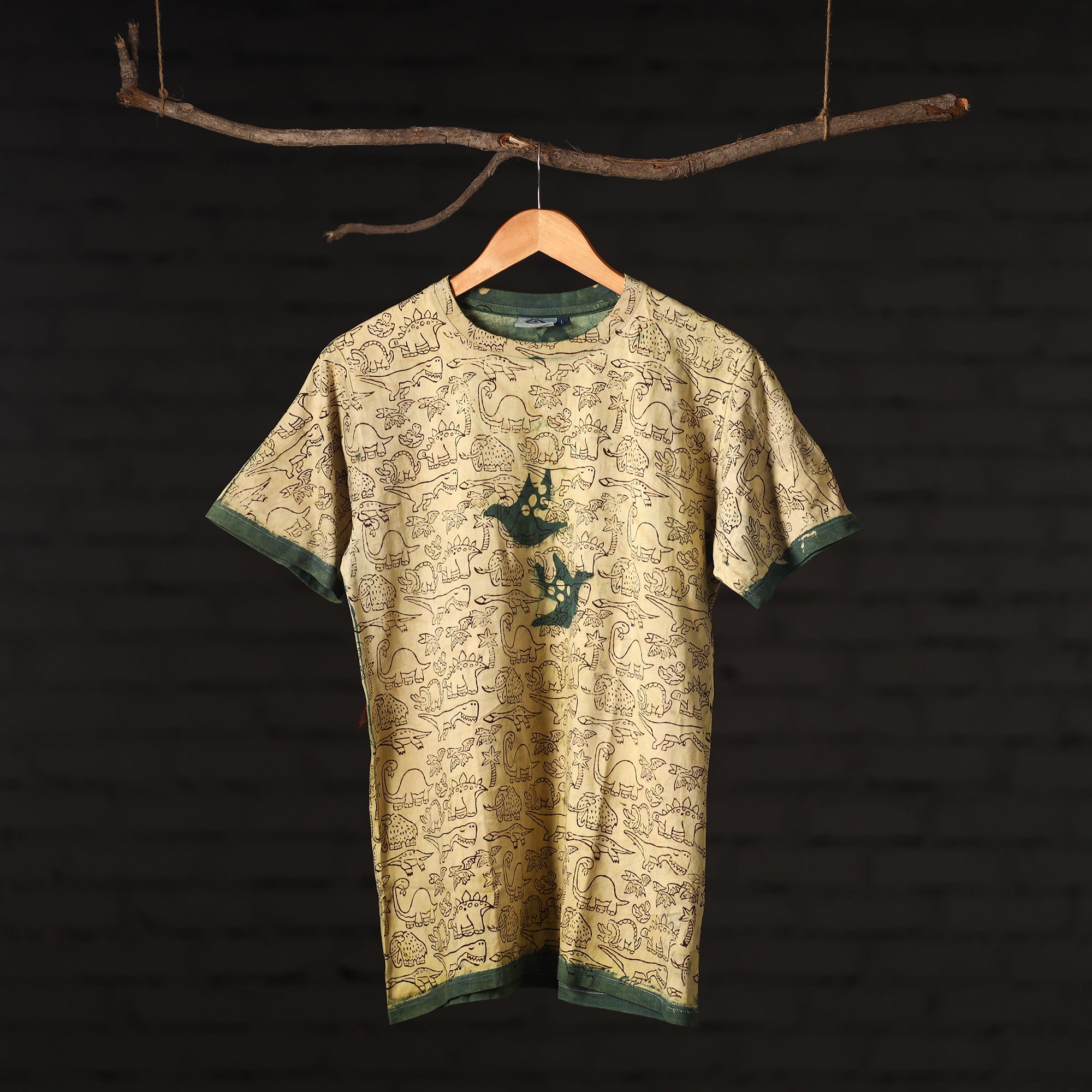 BINDAAS UNLIMITED Beige - Bindaas Natural Dyed Art Block Print Round Neck T-shirt in Pure Cotton