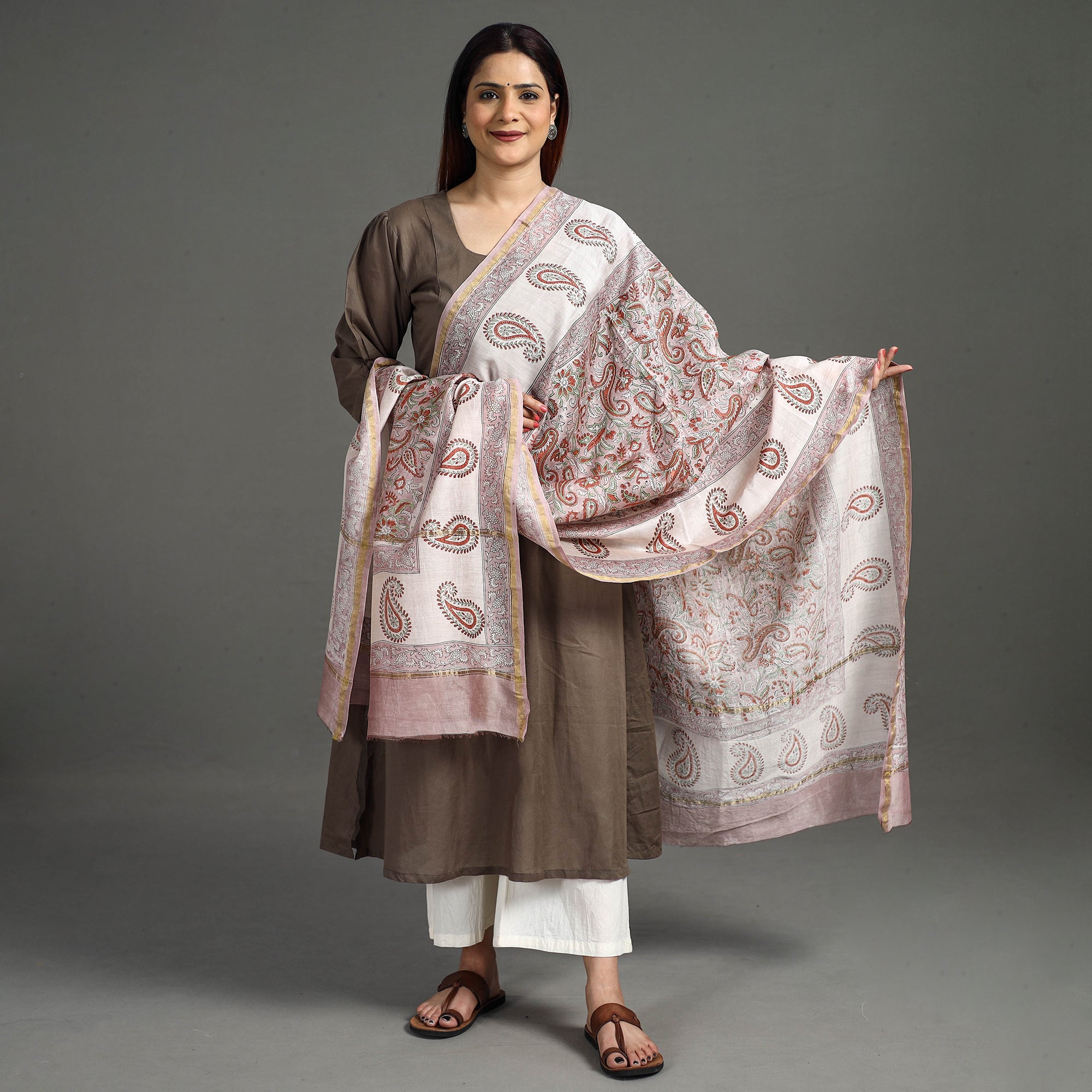 ARTISAN HAND BLOCK PRINTS Brown - Handloom Chanderi Silk Sanganeri Print Dupatta 42