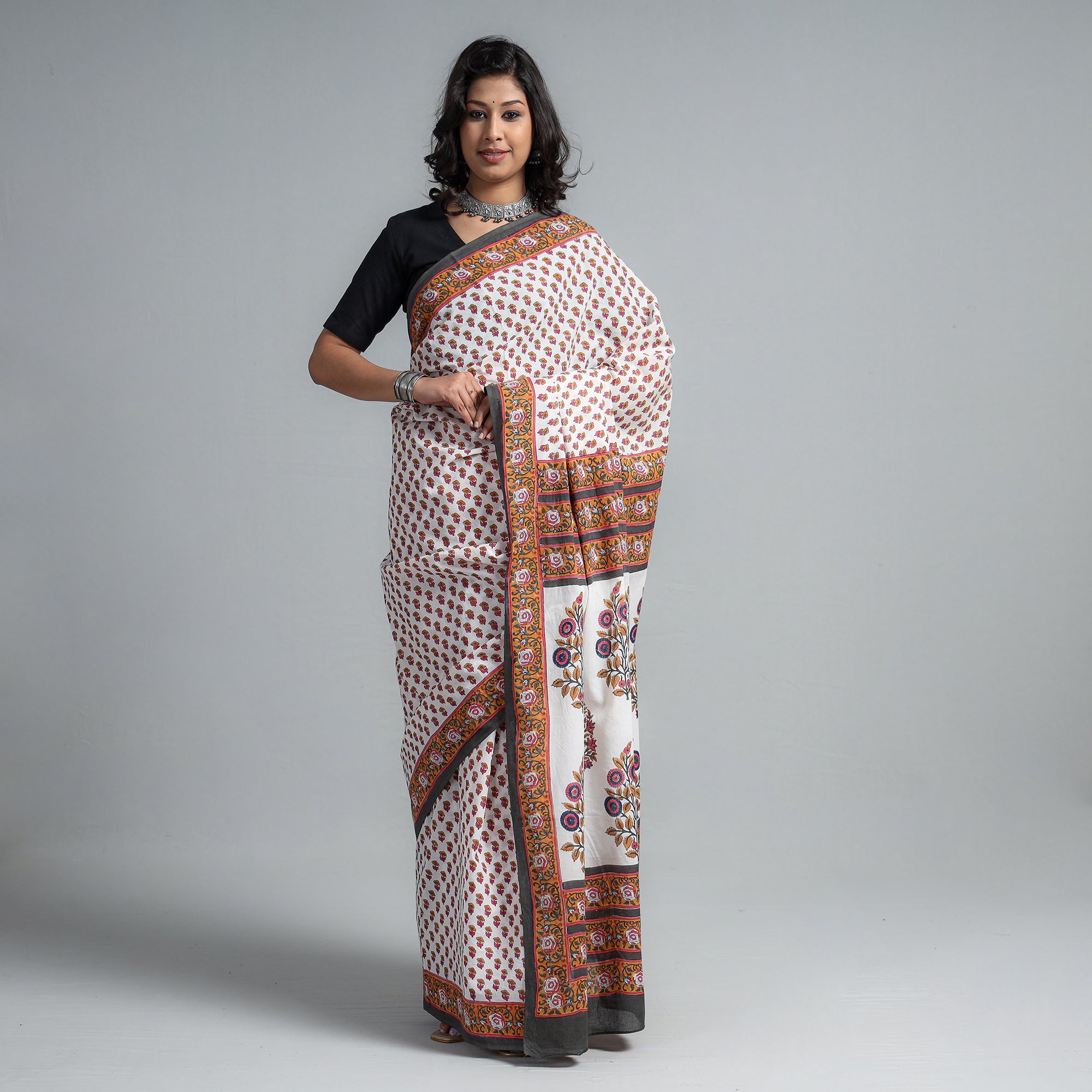 SANTOSH KUMAR DHANOPIA Brown - Block Printed Mul Cotton Sanganeri Saree