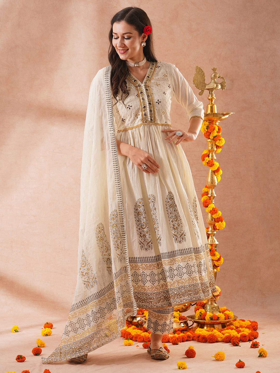 FASHOR Solid Ethnic Embroidered Lurex Striped A-Line Pleated Kurta with Pant and Dupatta - Off White