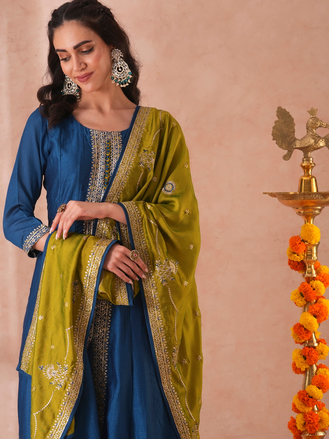 FASHOR Solid Ethnic Sequin Embroidered Anarkali Kurta with Pant and Dupatta - Teal Blue - view 2