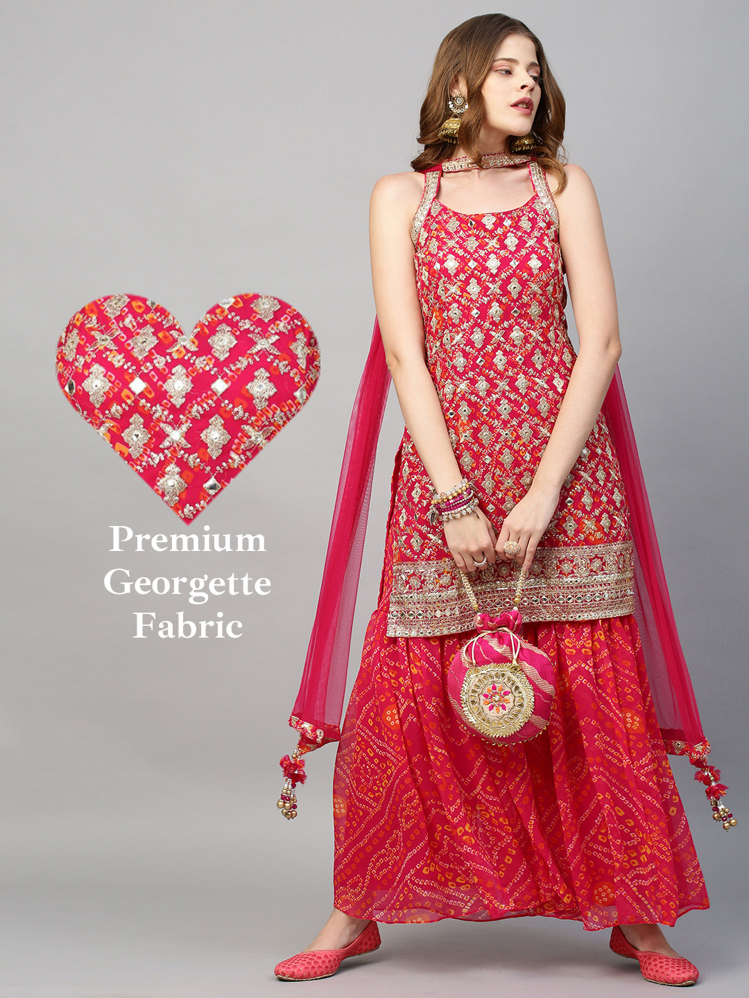Fashor Zari Embroidered & Bandhani Printed Kurta with Sharara & Dupatta - Hot Pink