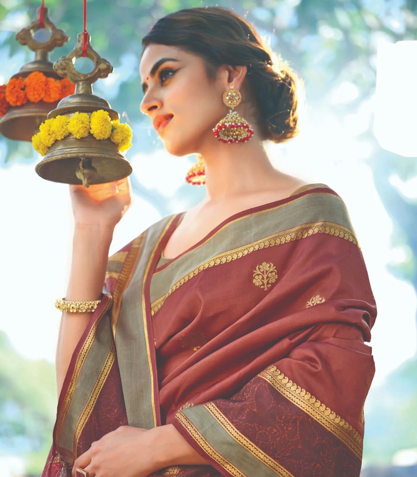 RmKV Silks Rust Handloom Natural Dyed Silk Saree With Zari Buttas