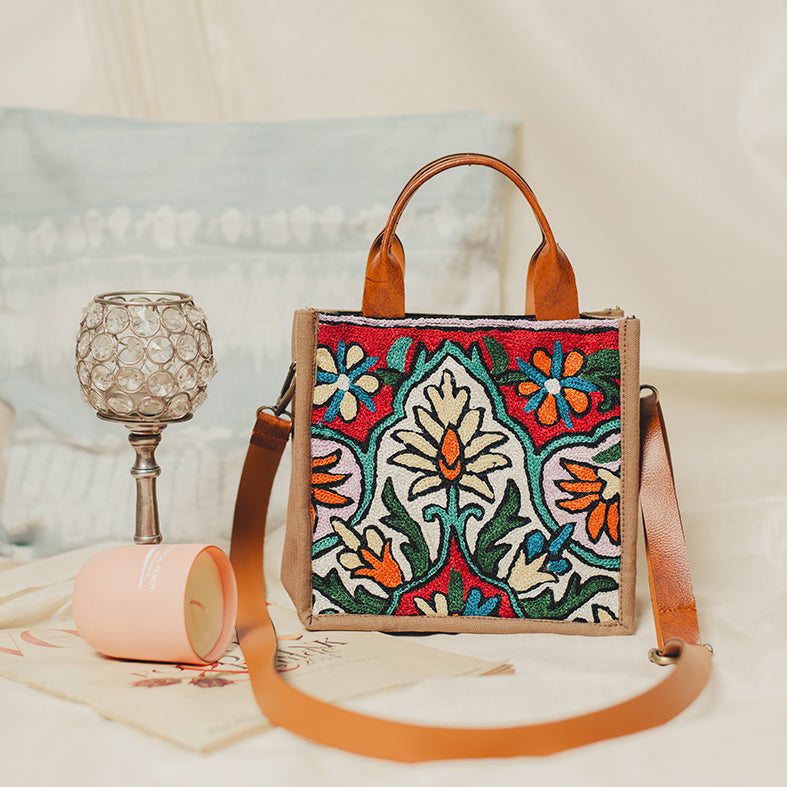 WOCA DESIGNS Brown - Tulip Beige Chain Stitch Hand Embroidery Canvas Mini Book Bag
