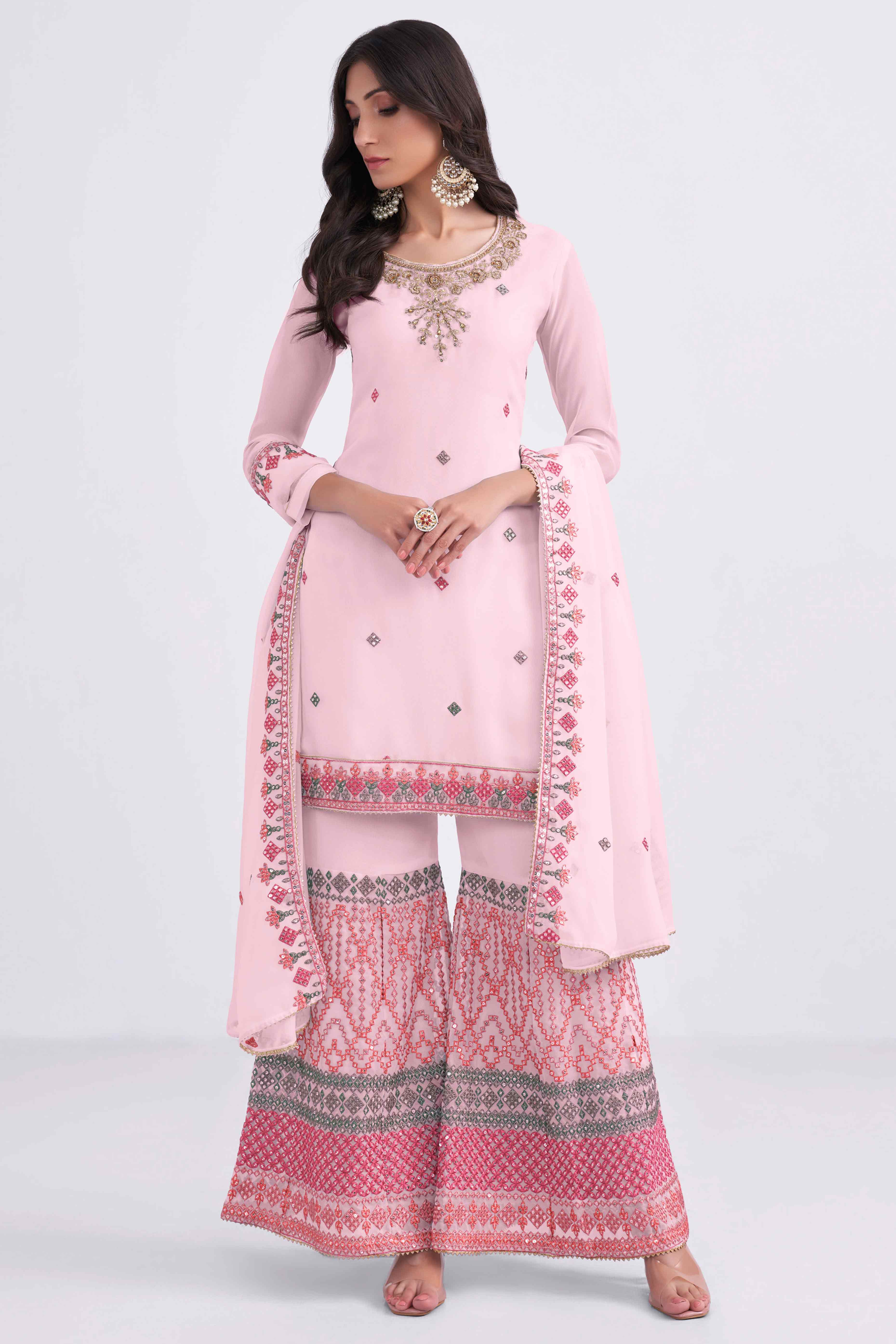 Peachmode Seller Light Pink Sequins Embroidered With Stonework Georgette Semi Stitched Suit